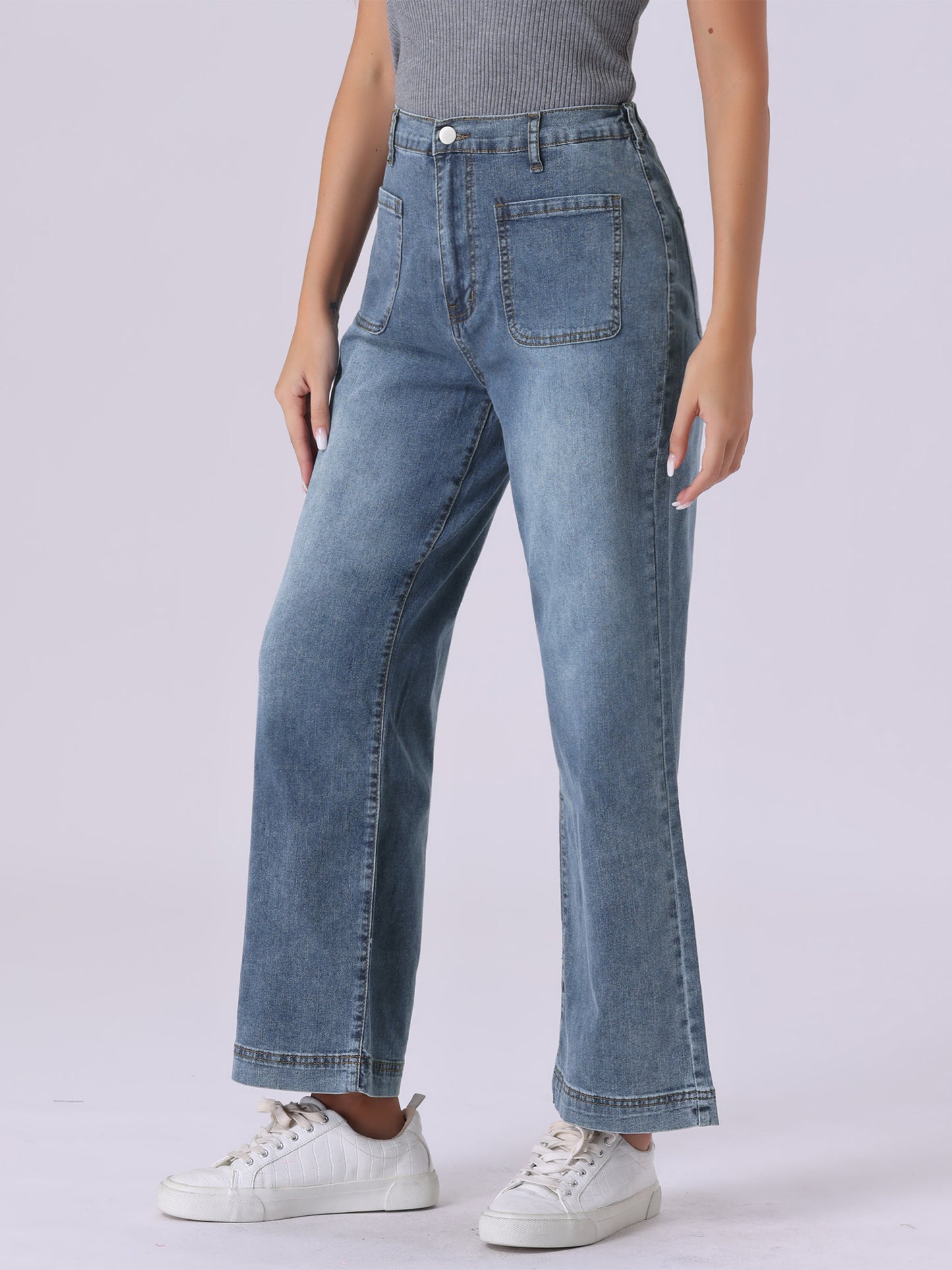Women's Wide Leg Jeans High Waisted Stretchy Straight Leg Jeans Buttoned Loose Denim Pants