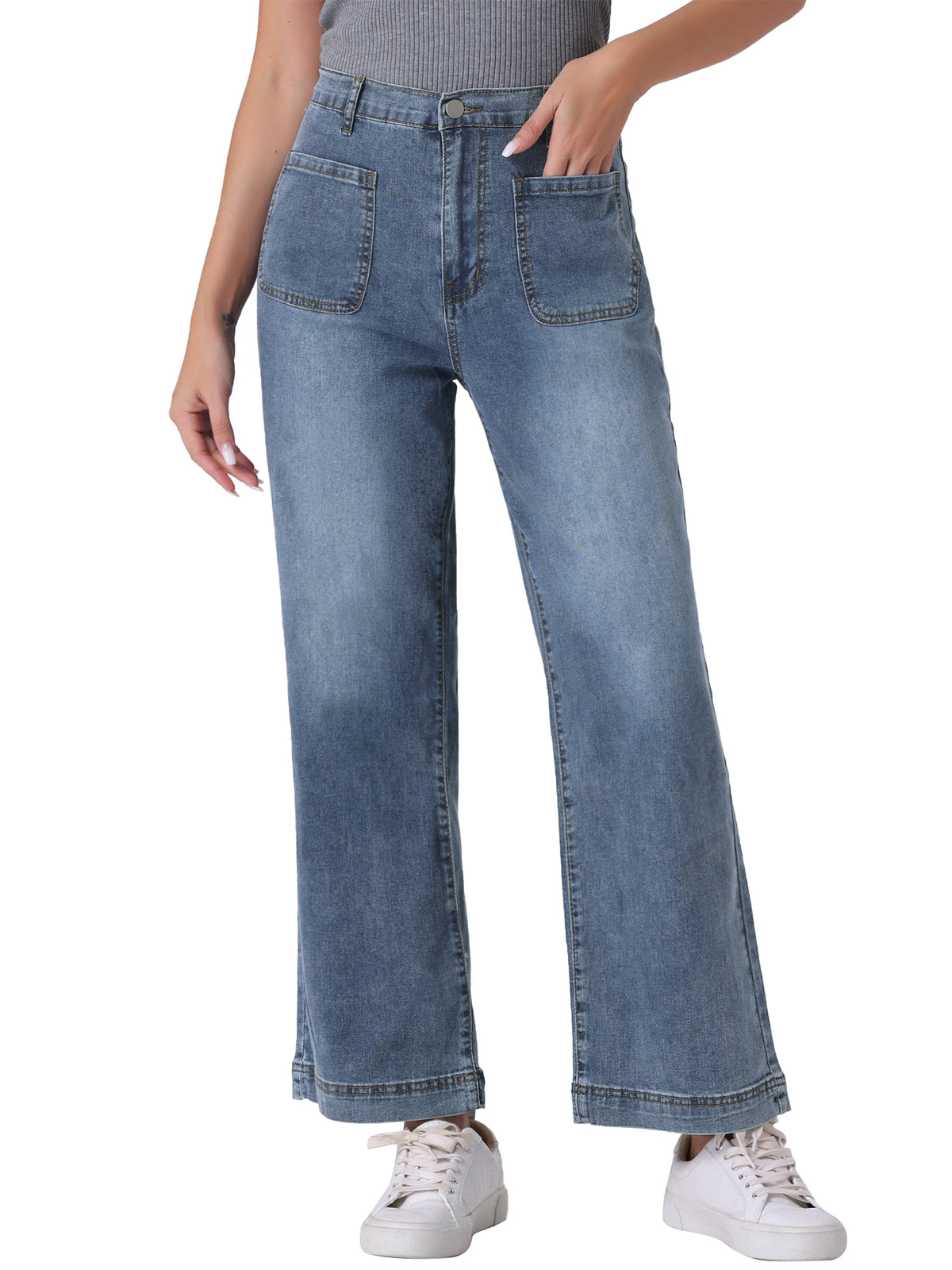 Women's Wide Leg Jeans High Waisted Stretchy Straight Leg Buttoned Loose Denim Pants