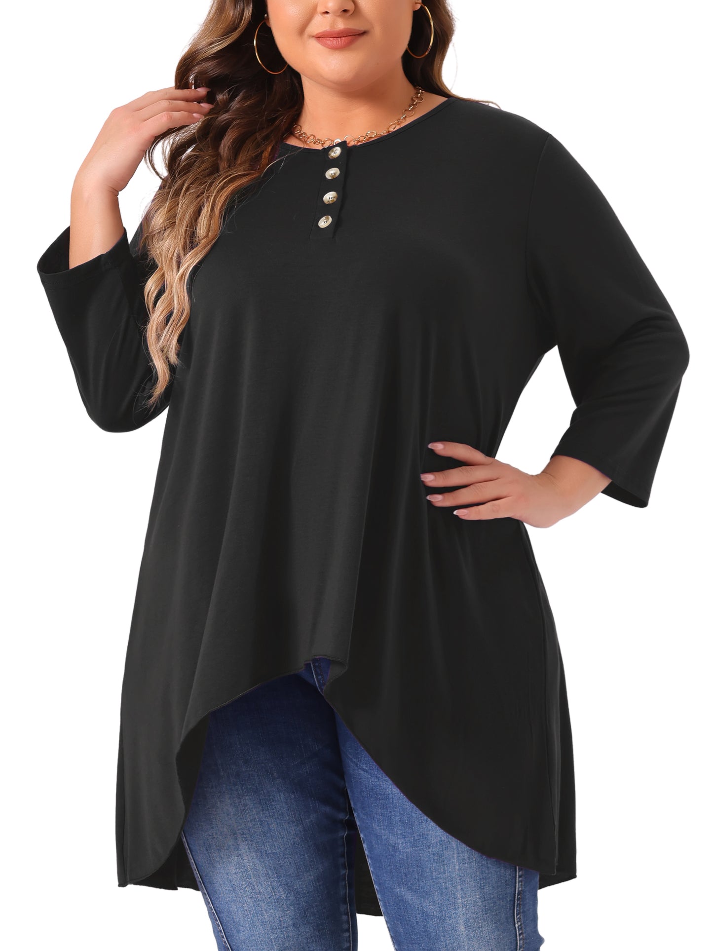 Women Plus Size Top 3/4 Sleeve Buttons Crew Neck High Low Loose Fit Casual Tunic Tee Shirt