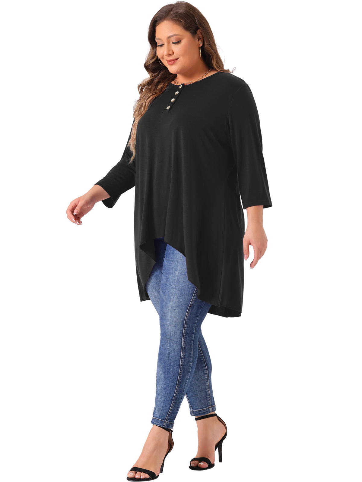Women Plus Size Top 3/4 Sleeve Buttons Crew Neck High Low Loose Fit Casual Tunic Tee Shirt