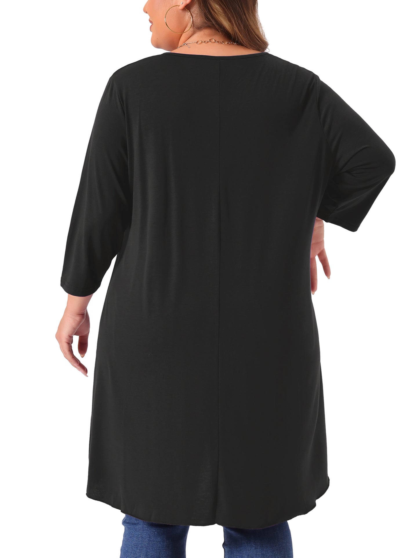 Women Plus Size Top 3/4 Sleeve Buttons Crew Neck High Low Loose Fit Casual Tunic Tee Shirt