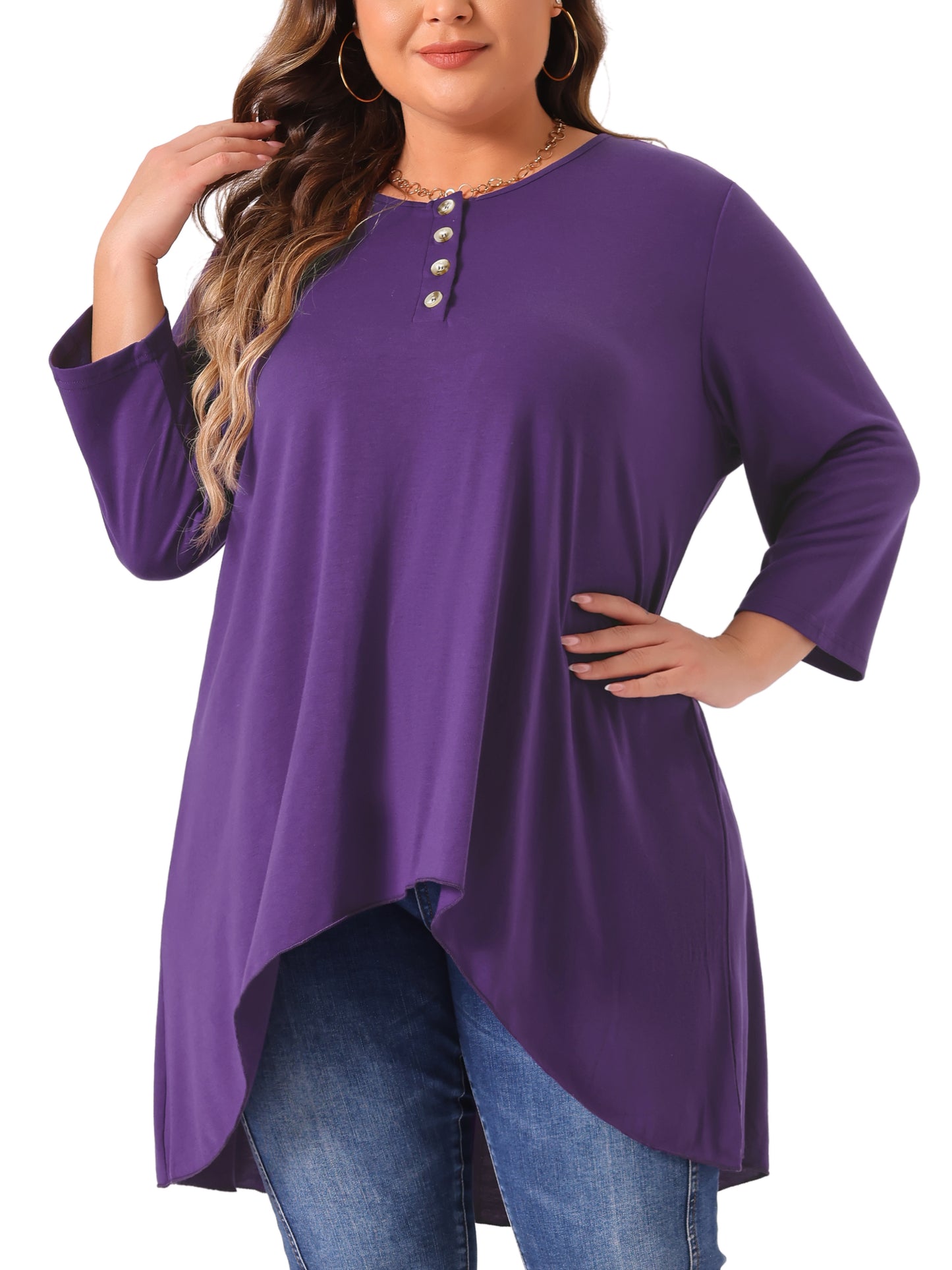 Women Plus Size Top 3/4 Sleeve Buttons Crew Neck High Low Loose Fit Casual Tunic Tee Shirt