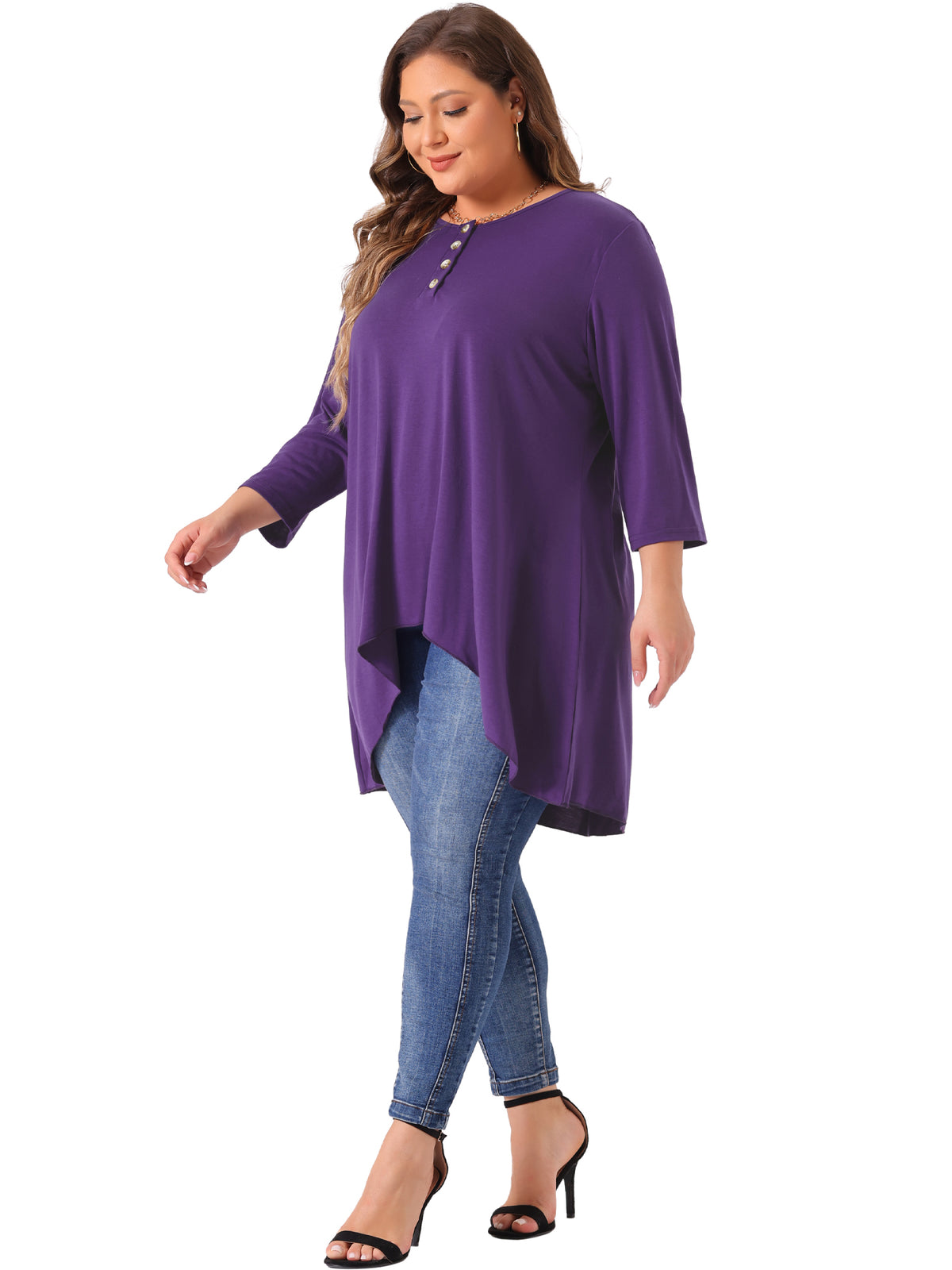 Women Plus Size Top 3/4 Sleeve Buttons Crew Neck High Low Loose Fit Casual Tunic Tee Shirt