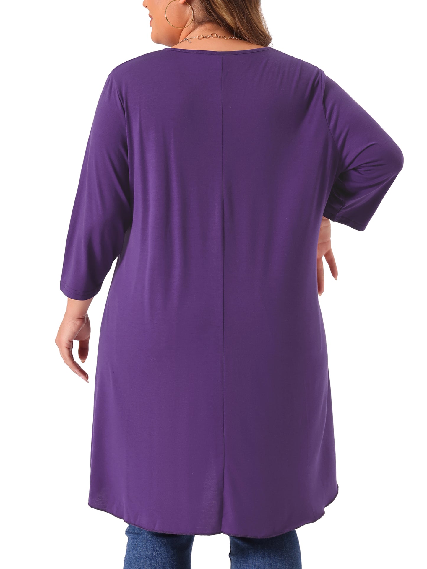 Women Plus Size Top 3/4 Sleeve Buttons Crew Neck High Low Loose Fit Casual Tunic Tee Shirt