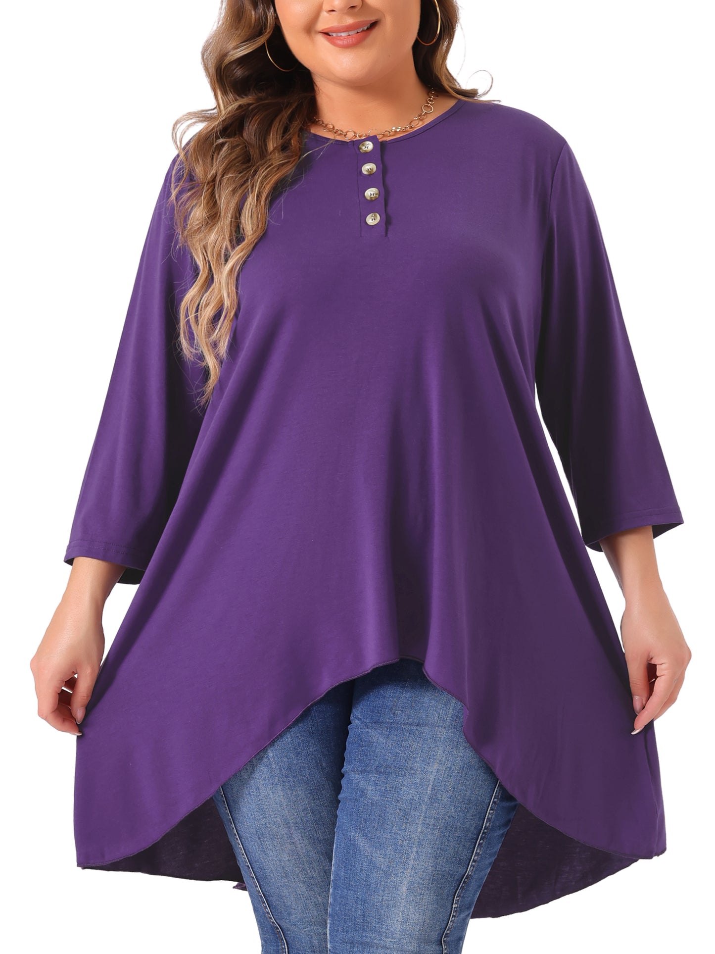 Women Plus Size Top 3/4 Sleeve Buttons Crew Neck High Low Loose Fit Casual Tunic Tee Shirt