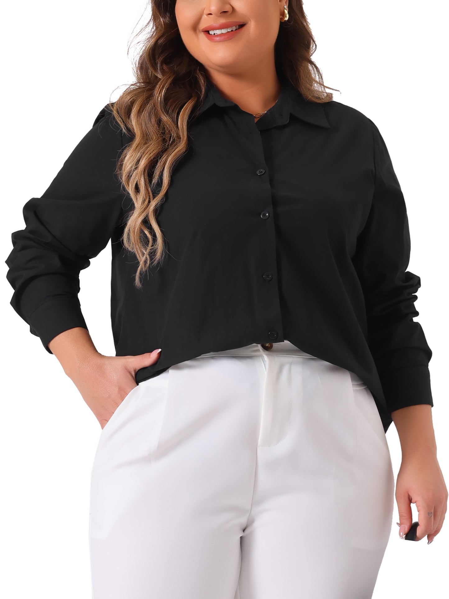 Women Plus Size Button Down Cotton Stand Collar Long Sleeve Formal Solid Work Shirt Top