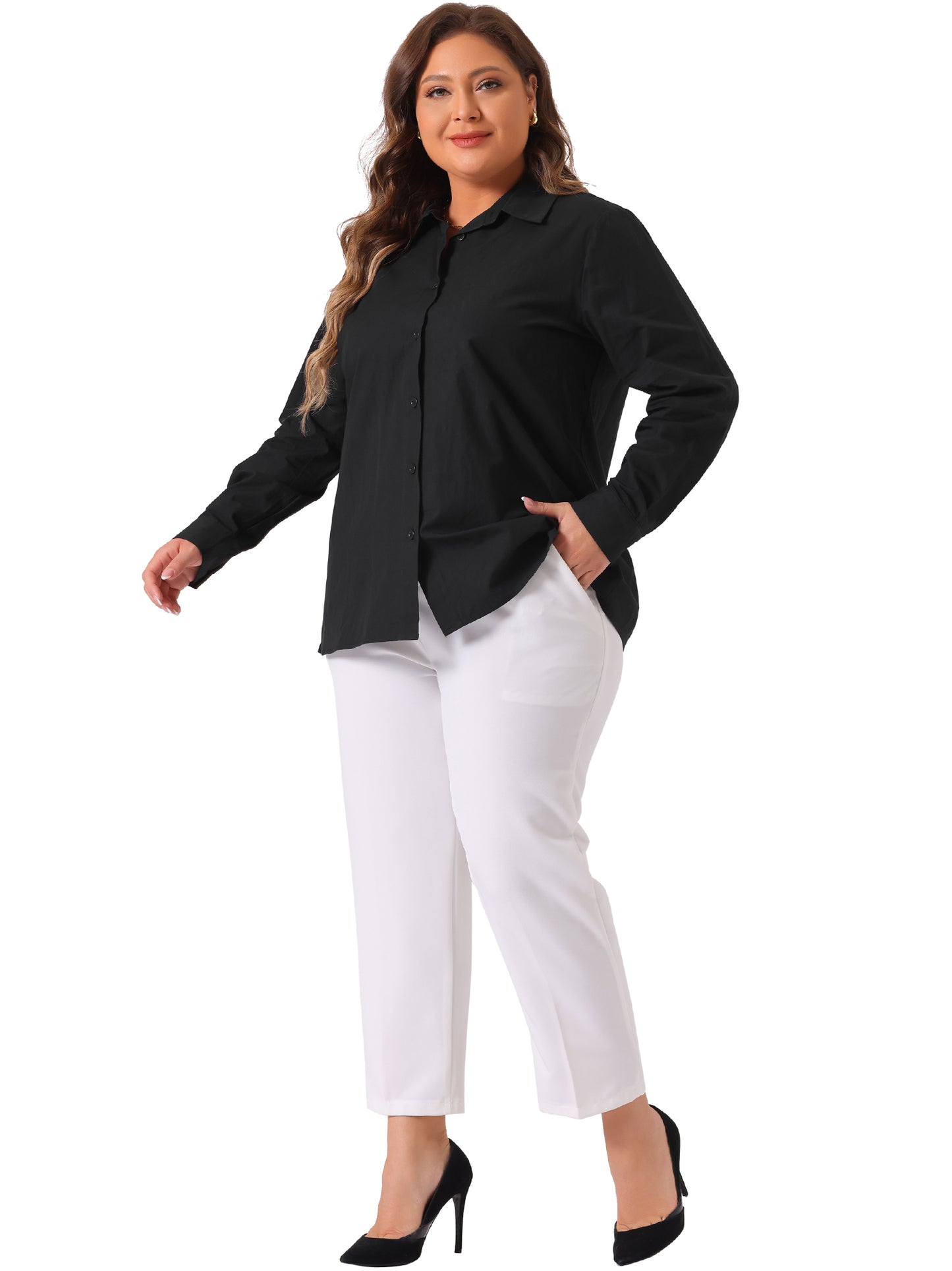 Women Plus Size Button Down Cotton Stand Collar Long Sleeve Formal Solid Work Shirt Top