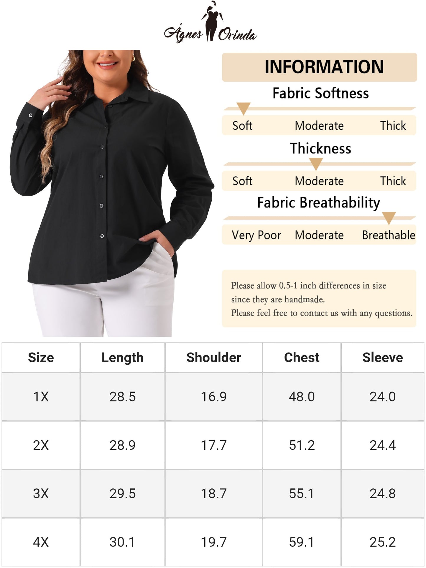 Women Plus Size Button Down Cotton Stand Collar Long Sleeve Formal Solid Work Shirt Top