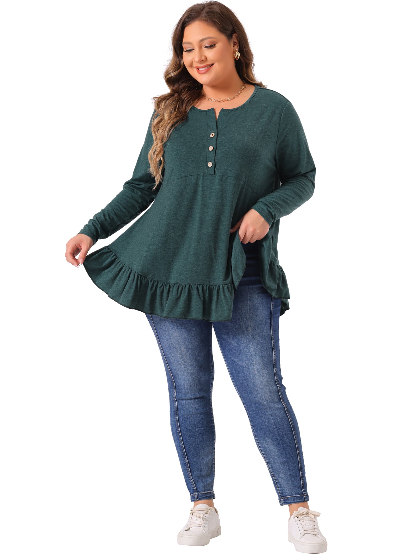 Women Plus Size Tunic Tops Button Henley V Neck Long Sleeve Ruffled Hem Swing Flowy Blouses