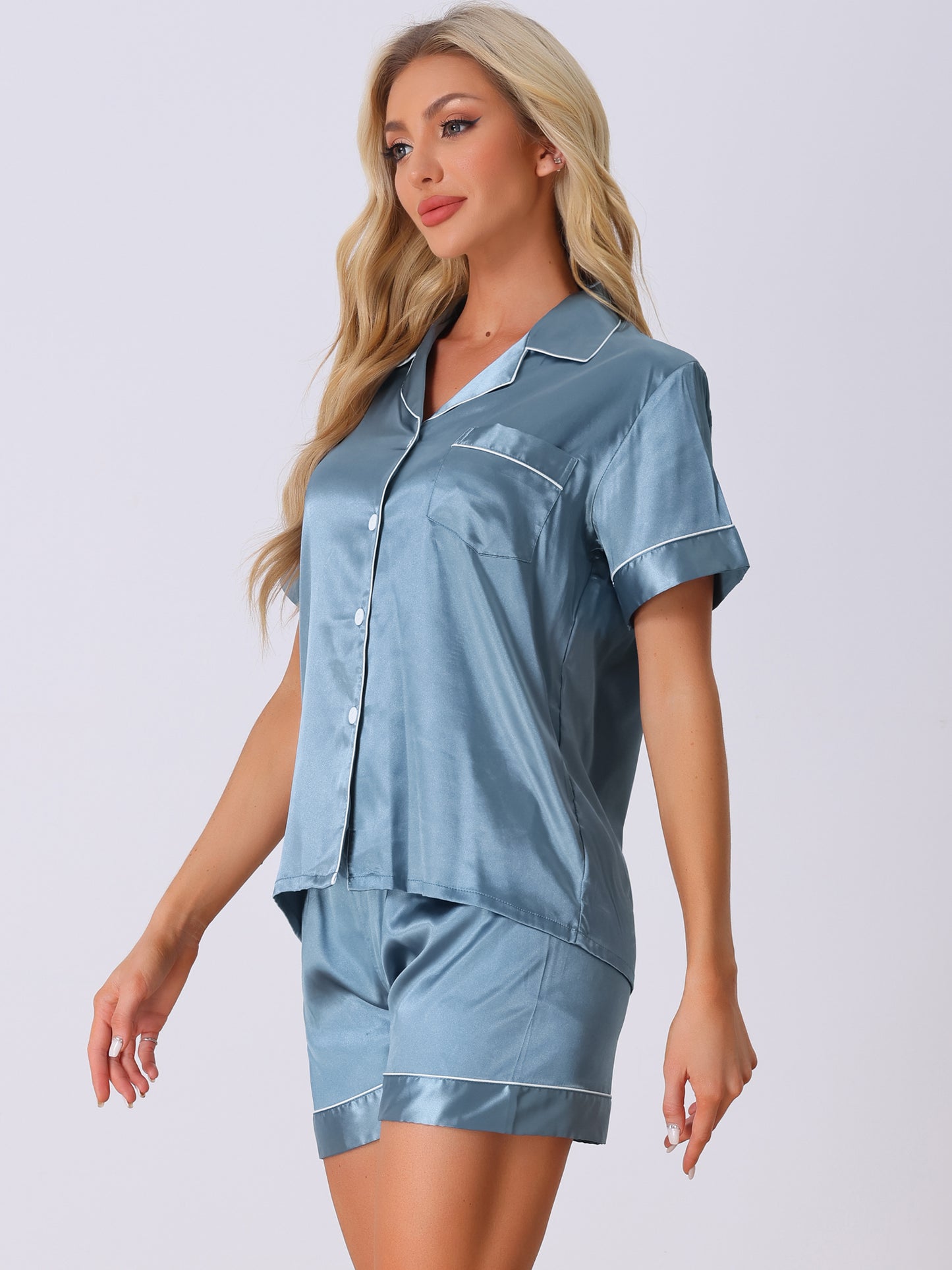Pyjama en satin pour femme, chemise de nuit boutonnée avec short, ensemble de détente soyeux