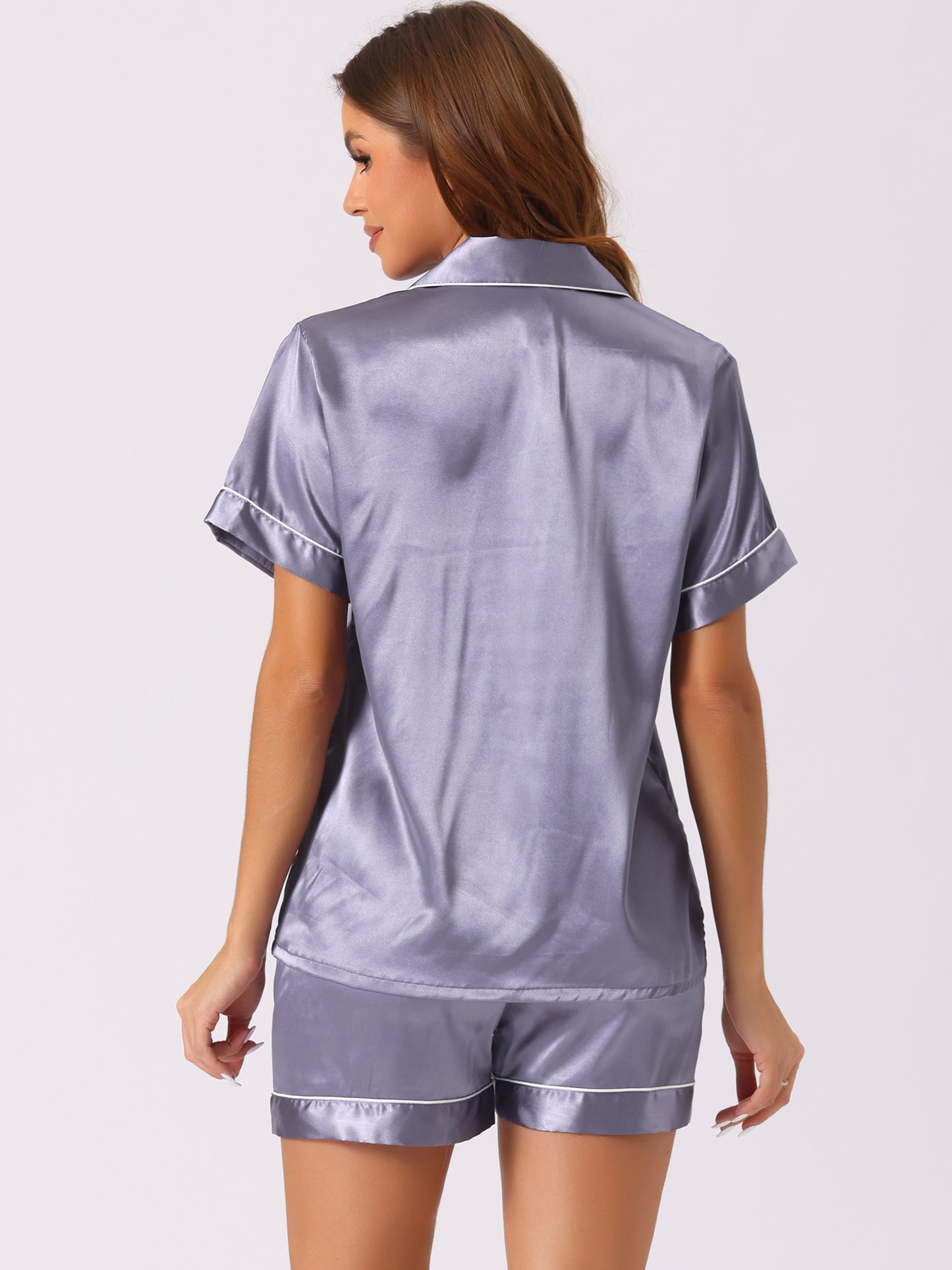 Women's Satin Pajamas Sleepshirt Button Down Top with Shorts Silky Lounge Set