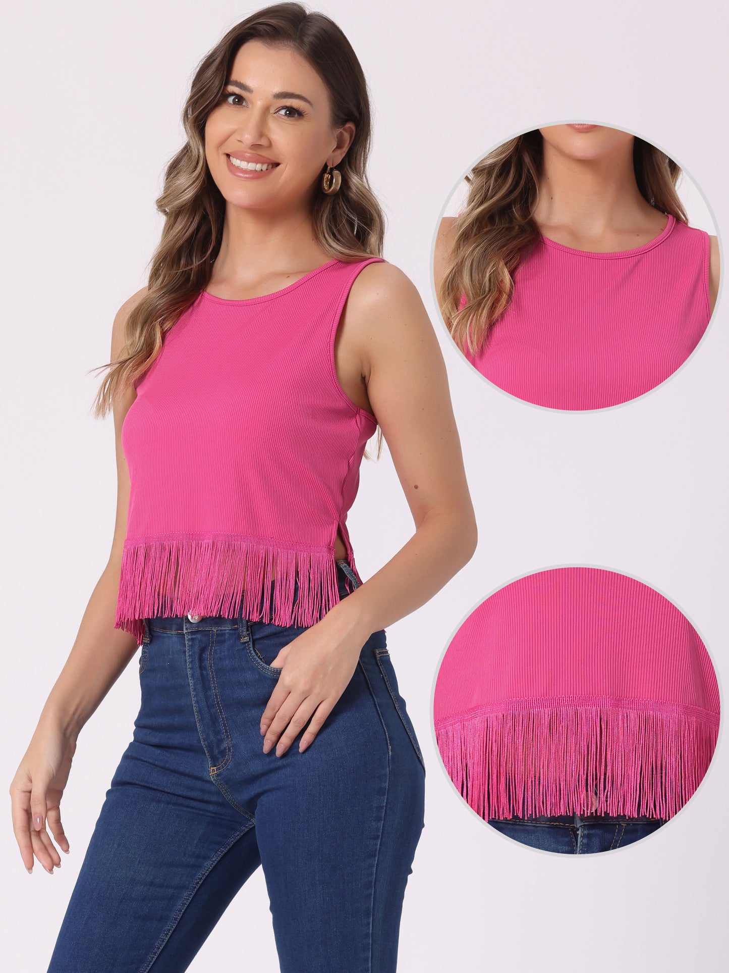 Women's Fringe Tank Top Casual Sleeveless Tassel Racerback Ribbed Knit Crop Top