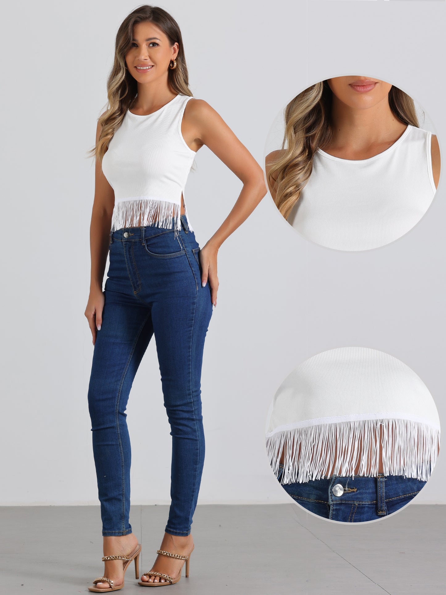Women's Fringe Tank Top Casual Sleeveless Tassel Racerback Ribbed Knit Crop Top