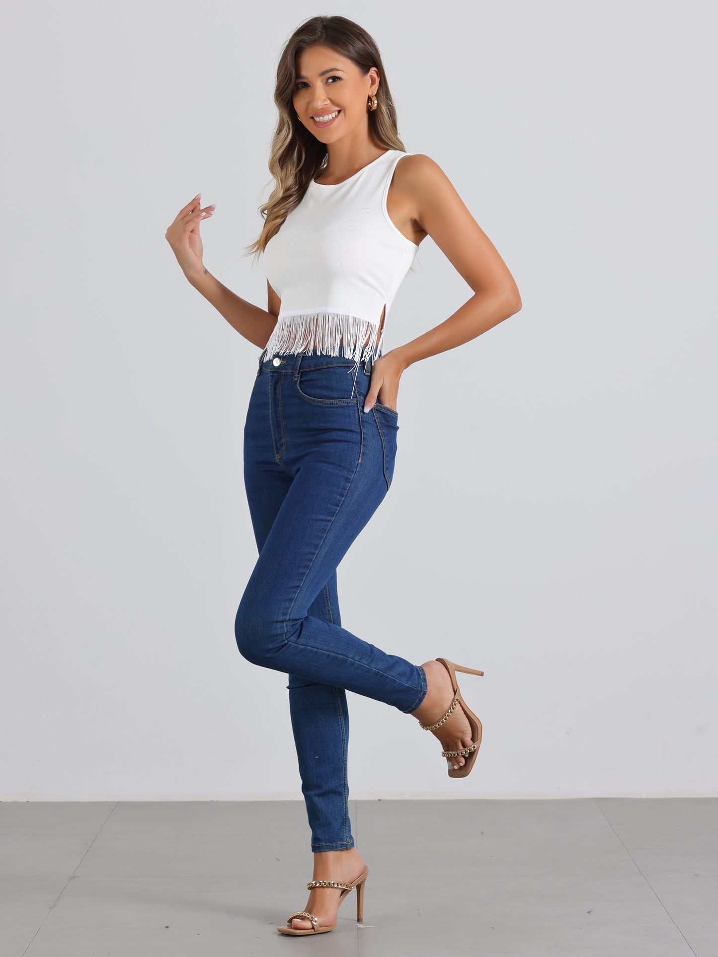 Women's Fringe Tank Top Casual Sleeveless Tassel Racerback Ribbed Knit Crop Top