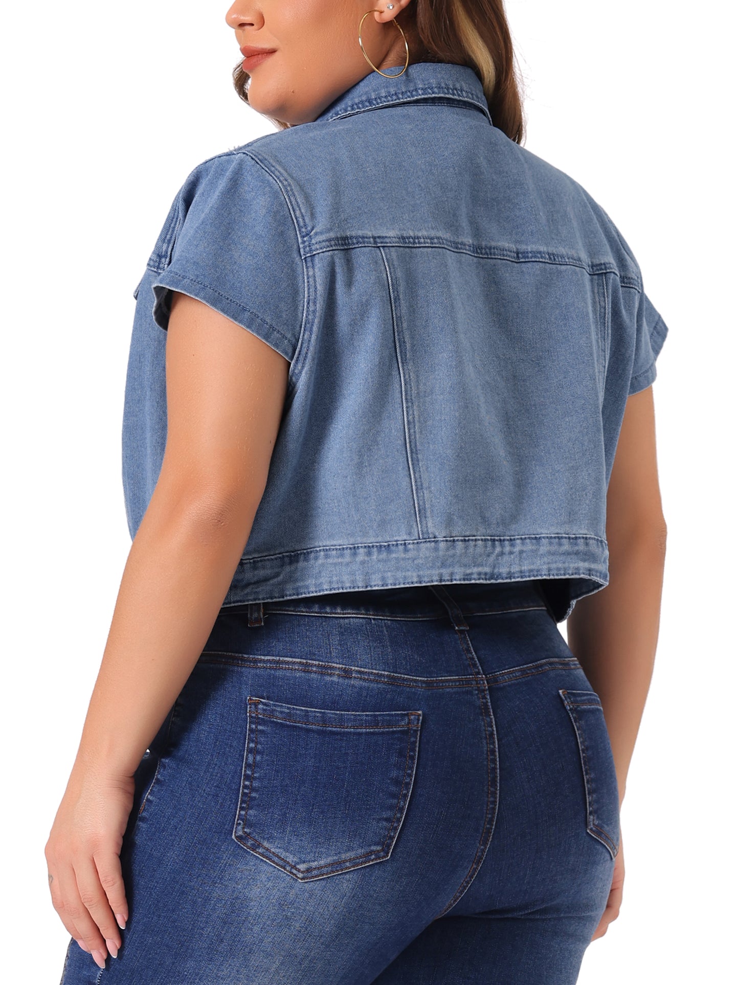 Women Plus Size Short Sleeve Denim Jackets Y2K Button Down Tops Streetwear Cropped Jean Jacket