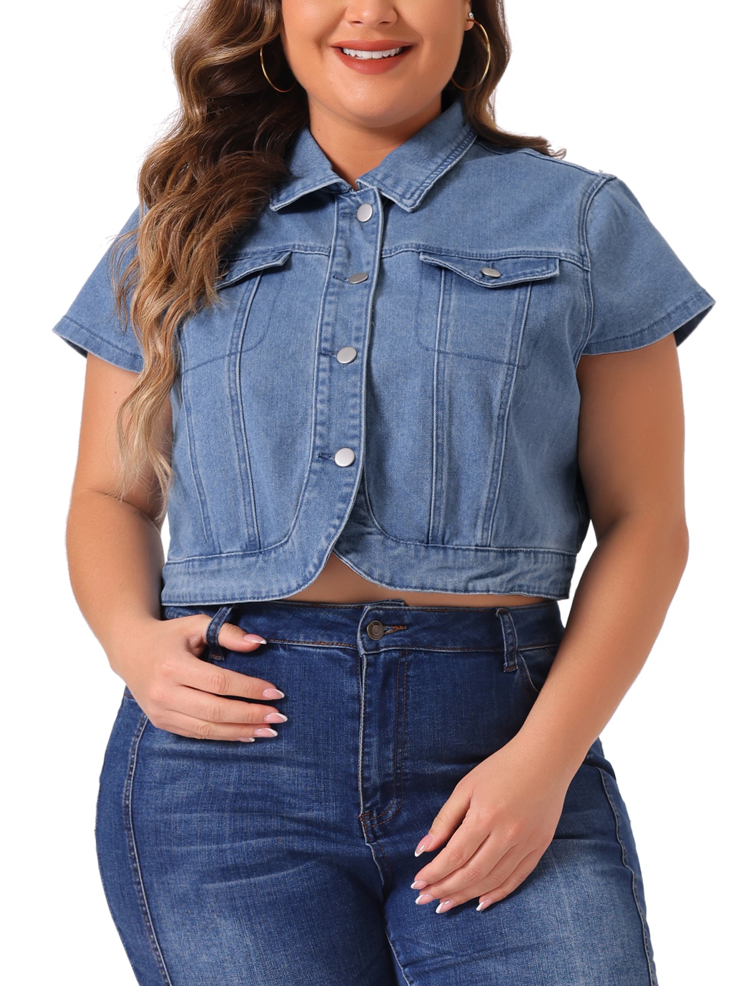 Women Plus Size Short Sleeve Denim Jackets Y2K Button Down Tops Streetwear Cropped Jean Jacket