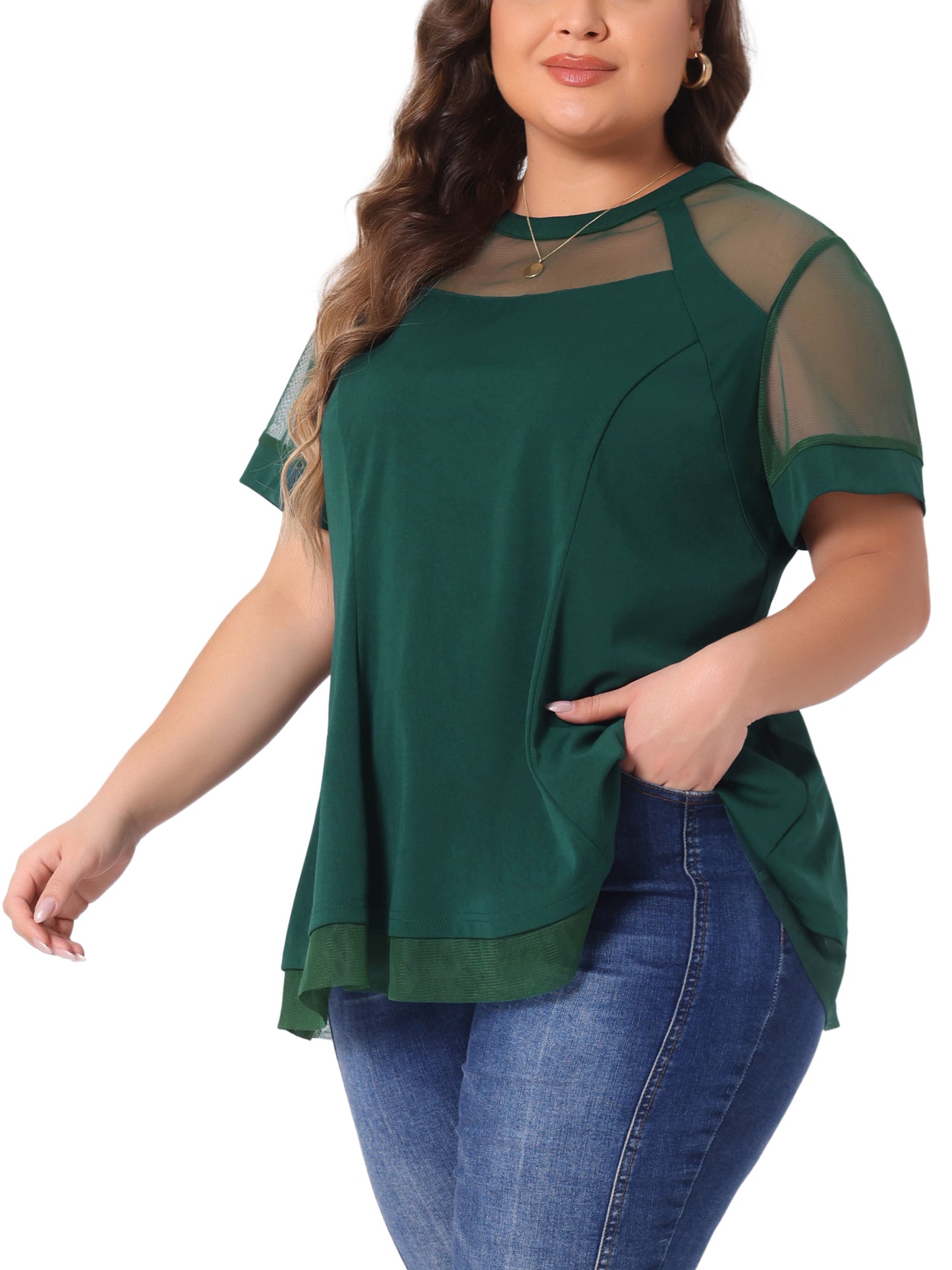 Women's Plus Size Round Neck Peplum Short Sleeve Mesh Sheer Blouse Summer Top