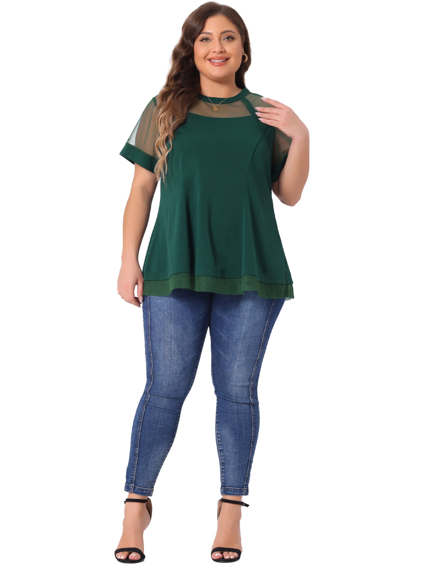 Women's Plus Size Round Neck Peplum Short Sleeve Mesh Sheer Blouse Summer Top