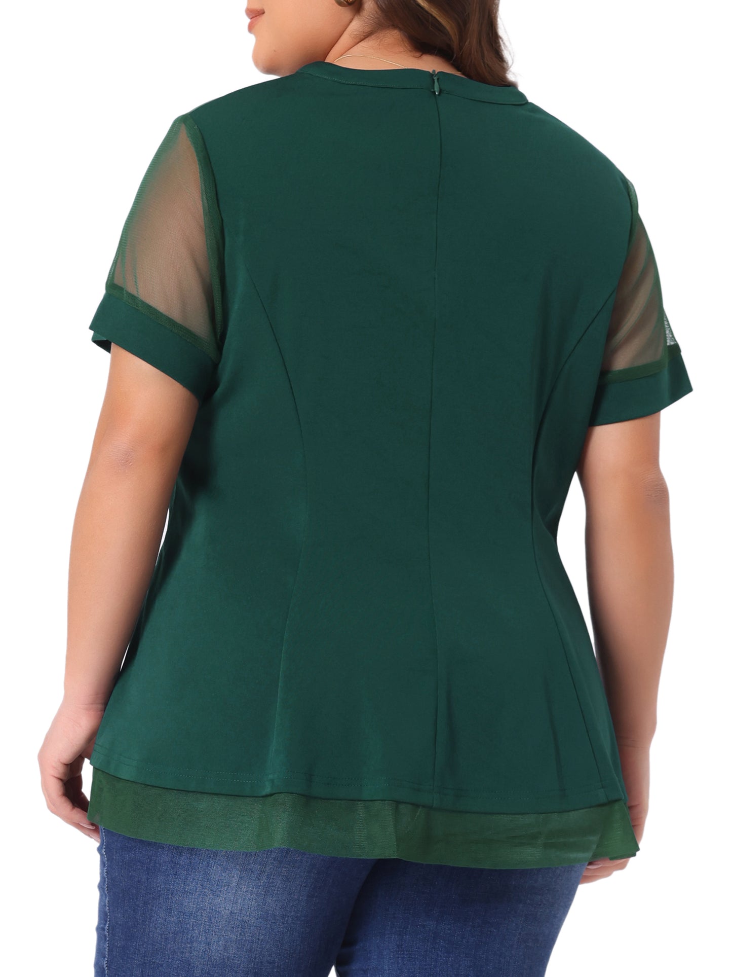 Women's Plus Size Round Neck Peplum Short Sleeve Mesh Sheer Blouse Summer Top