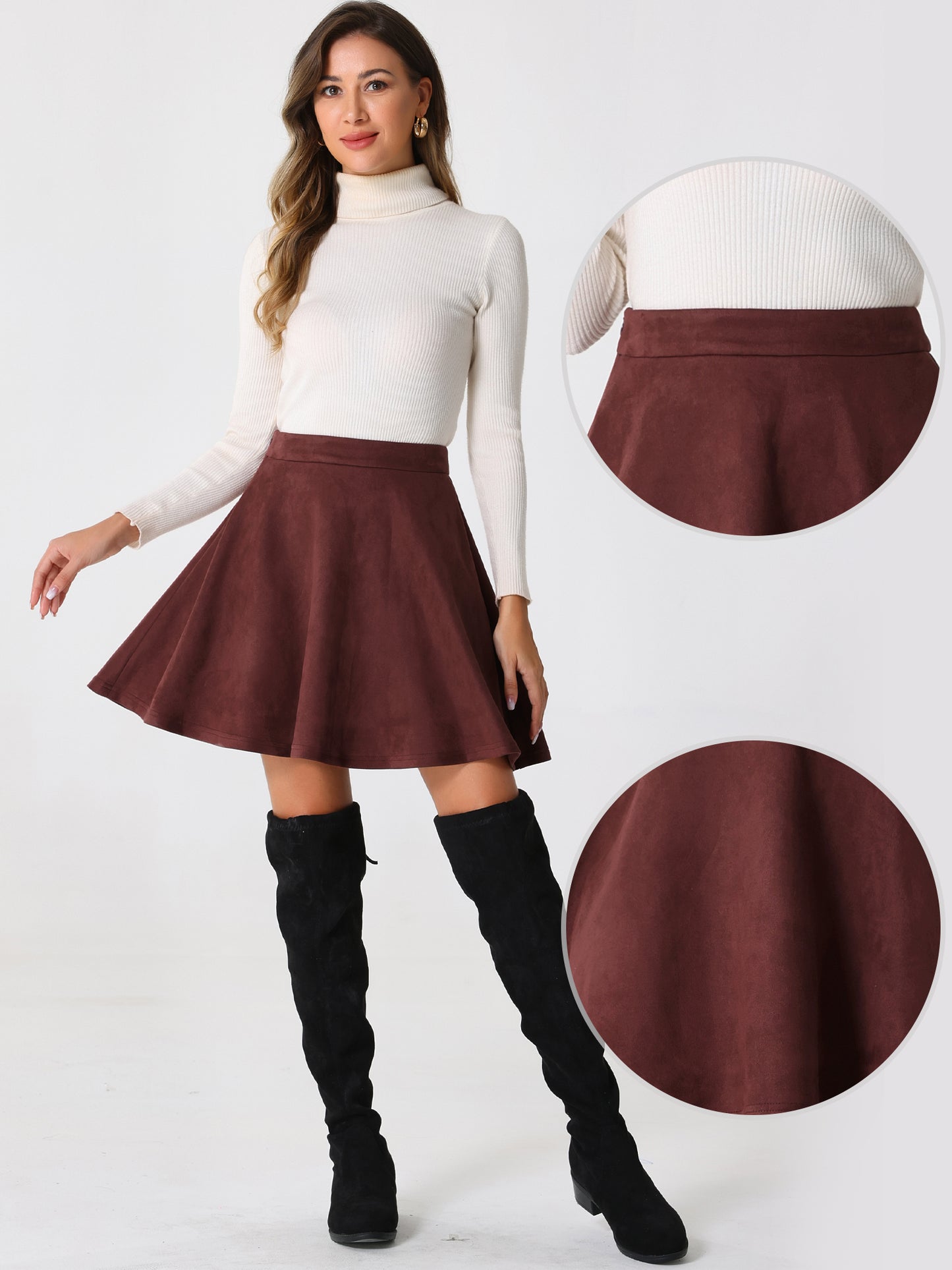Women's Faux Suede Skirt Short Flared Mini Skater Skirt