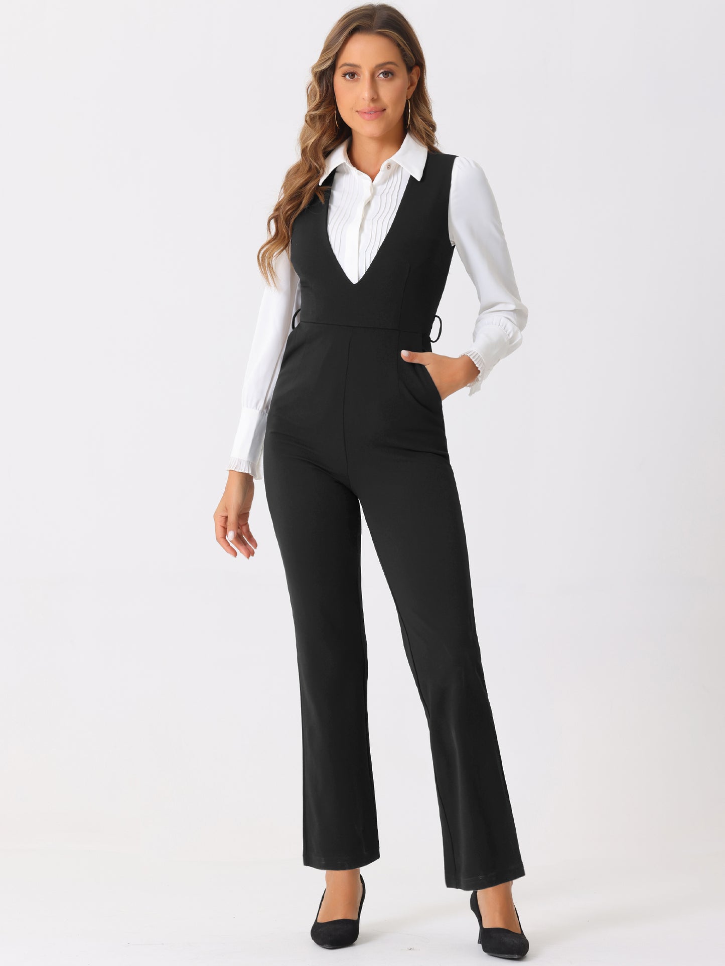 Women's Work Office Overalls High Waisted Belted Sleeveless Long Suspenders Jumpsuit
