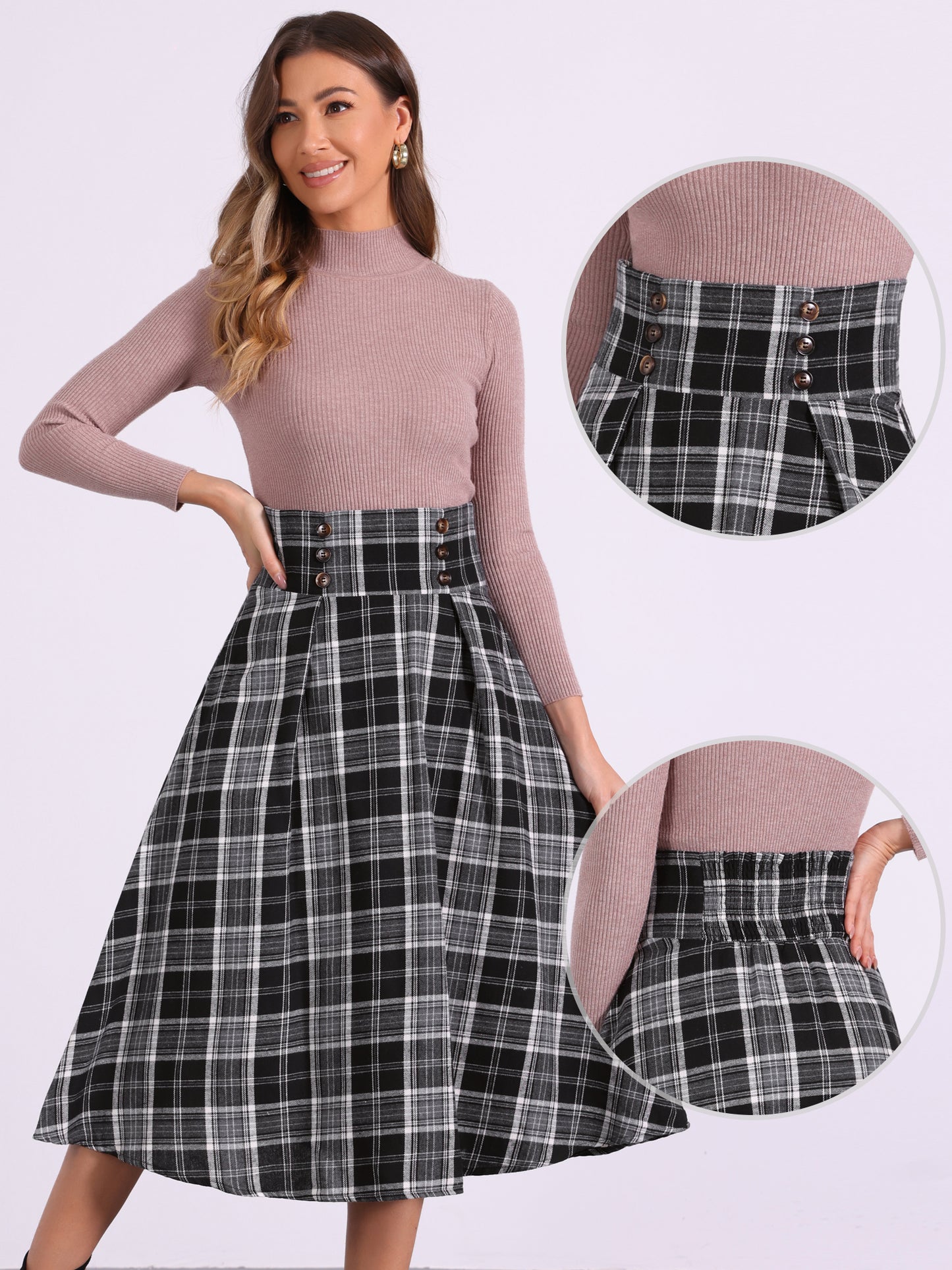 Falda a cuadros vintage para mujer, cintura alta elástica, corte A, midi, para otoño e invierno