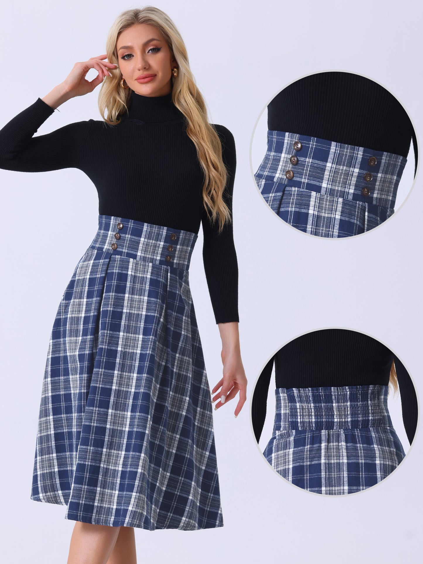 Falda a cuadros vintage para mujer, cintura alta elástica, corte A, midi, para otoño e invierno
