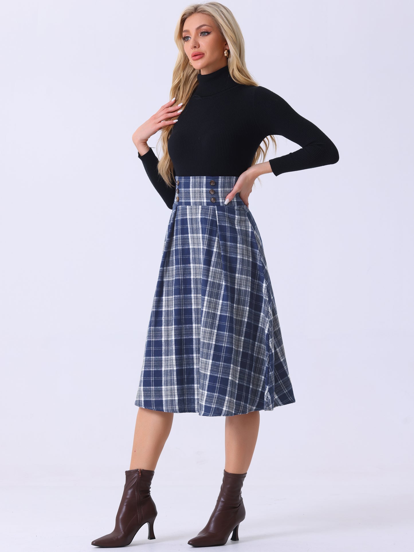 Falda a cuadros vintage para mujer, cintura alta elástica, corte A, midi, para otoño e invierno
