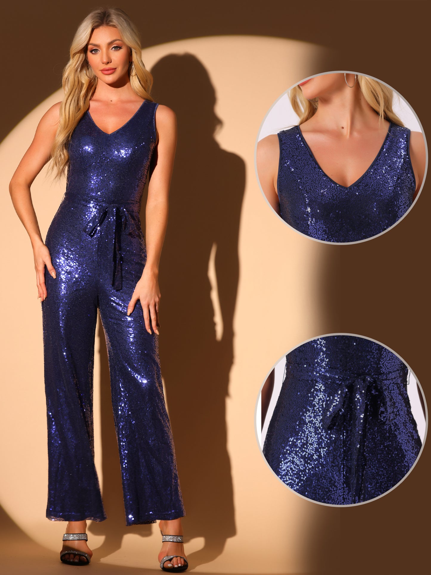 Women's Sleeveless V Neck Glitter Cocktail Jumpsuit Sequin Party Jumpsuit