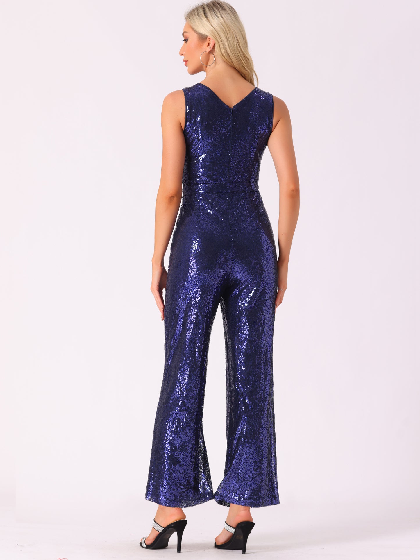 Women's Sleeveless V Neck Glitter Cocktail Jumpsuit Sequin Party Jumpsuit