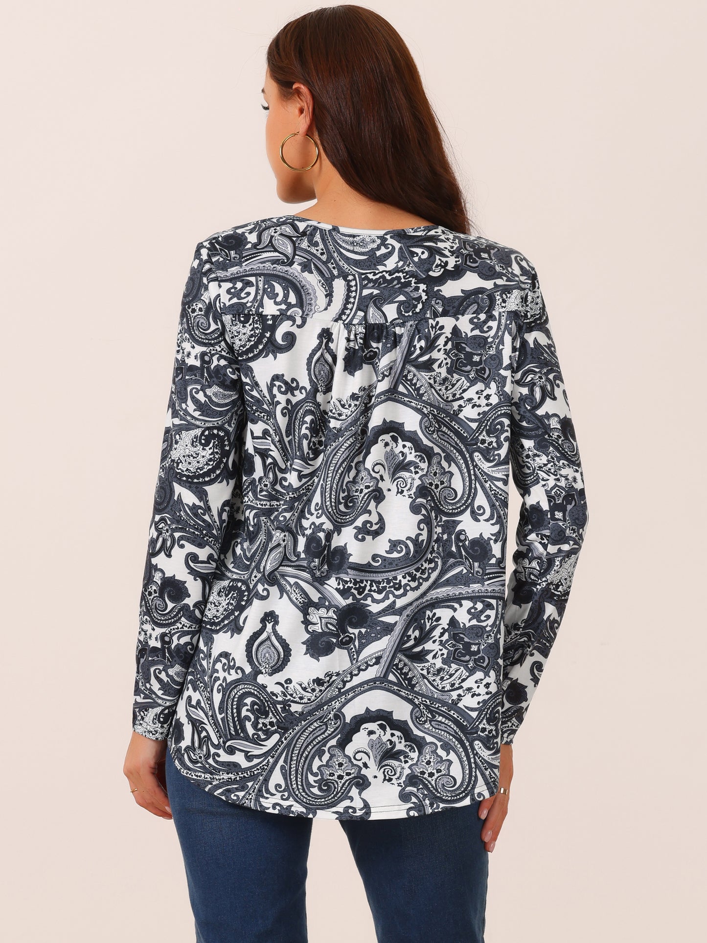 Women's Loose Fit Tunic Tops Long Sleeve Casual Floral Printed Henley V Neck Shirt