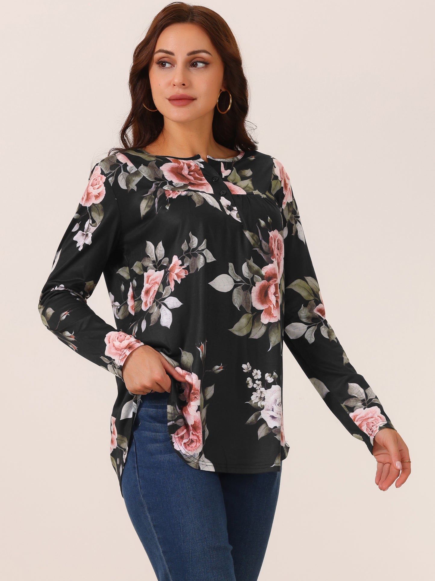 Women's Loose Fit Tunic Tops Long Sleeve Casual Floral Printed Henley V Neck Shirt