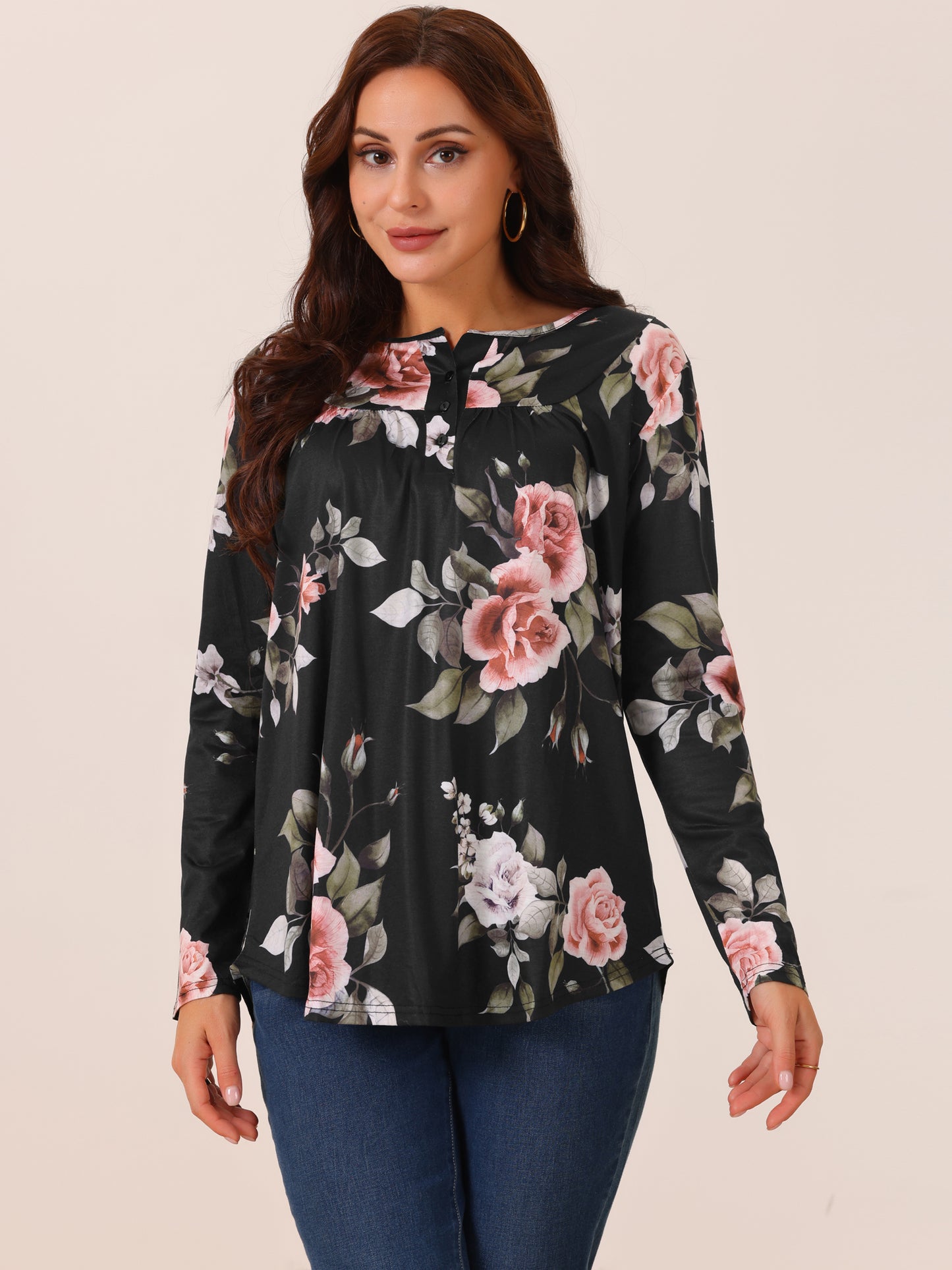 Women's Loose Fit Tunic Tops Long Sleeve Casual Floral Printed Henley V Neck Shirt