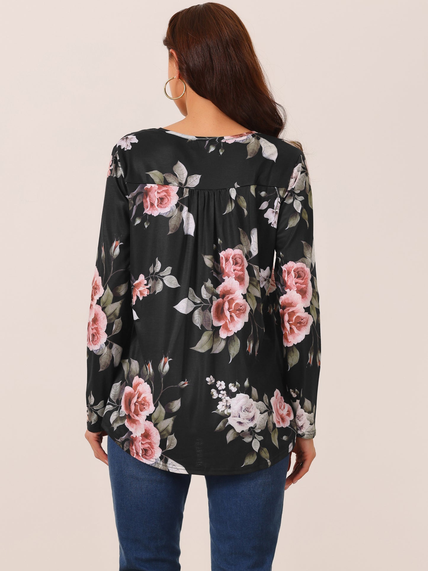 Women's Loose Fit Tunic Tops Long Sleeve Casual Floral Printed Henley V Neck Shirt