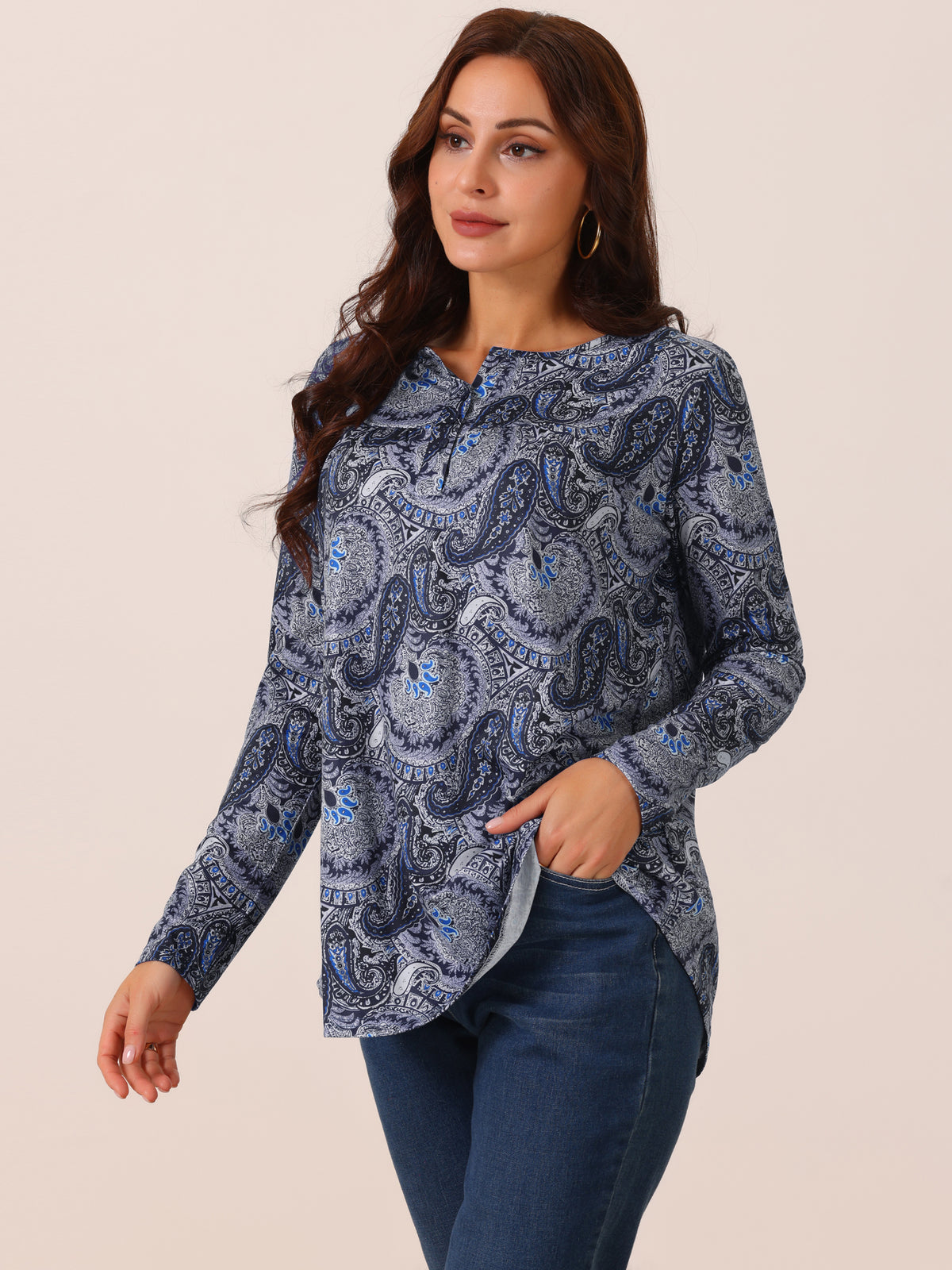 Women's Loose Fit Tunic Tops Long Sleeve Casual Floral Printed Henley V Neck Shirt