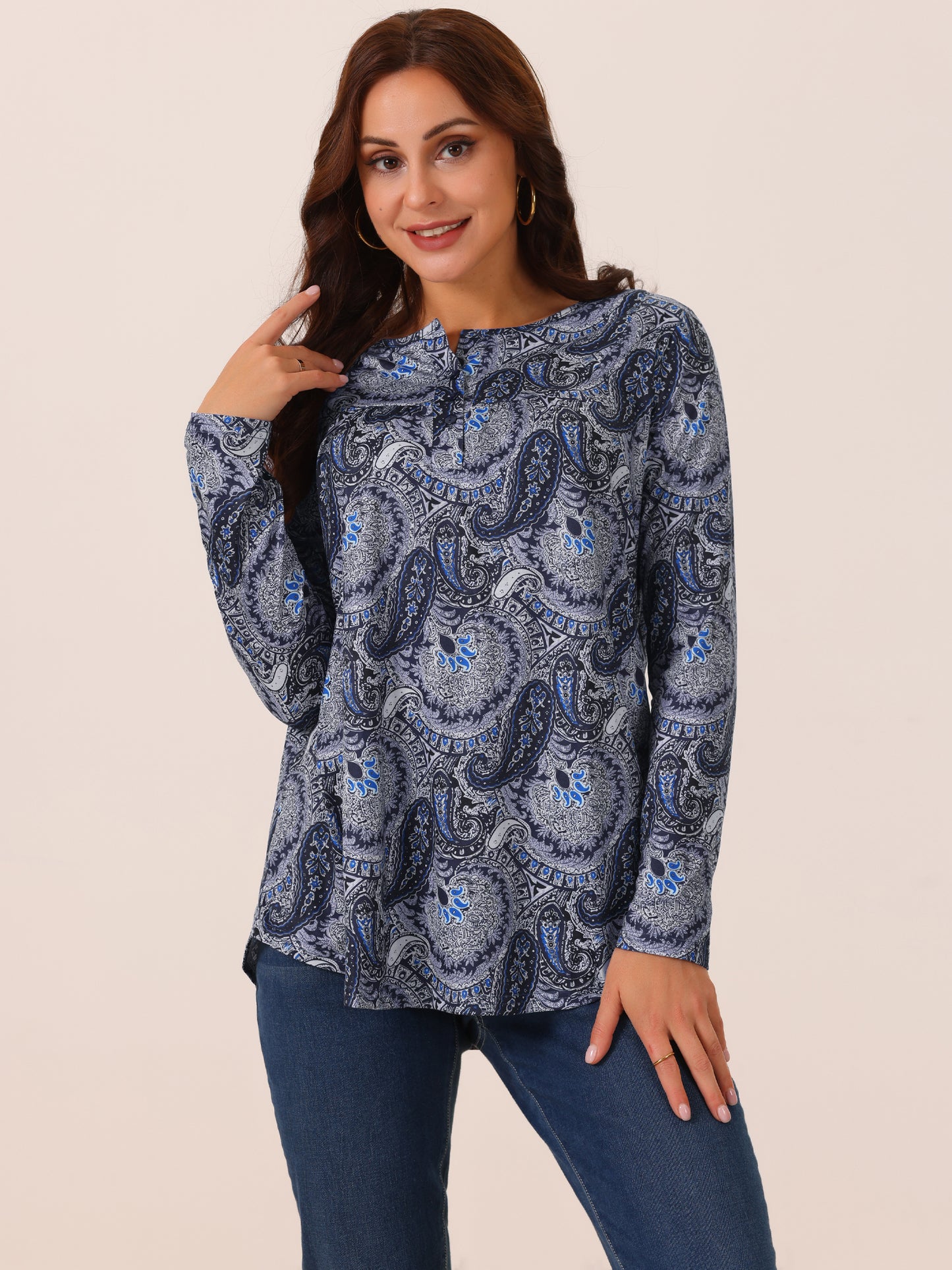 Women's Loose Fit Tunic Tops Long Sleeve Casual Floral Printed Henley V Neck Shirt