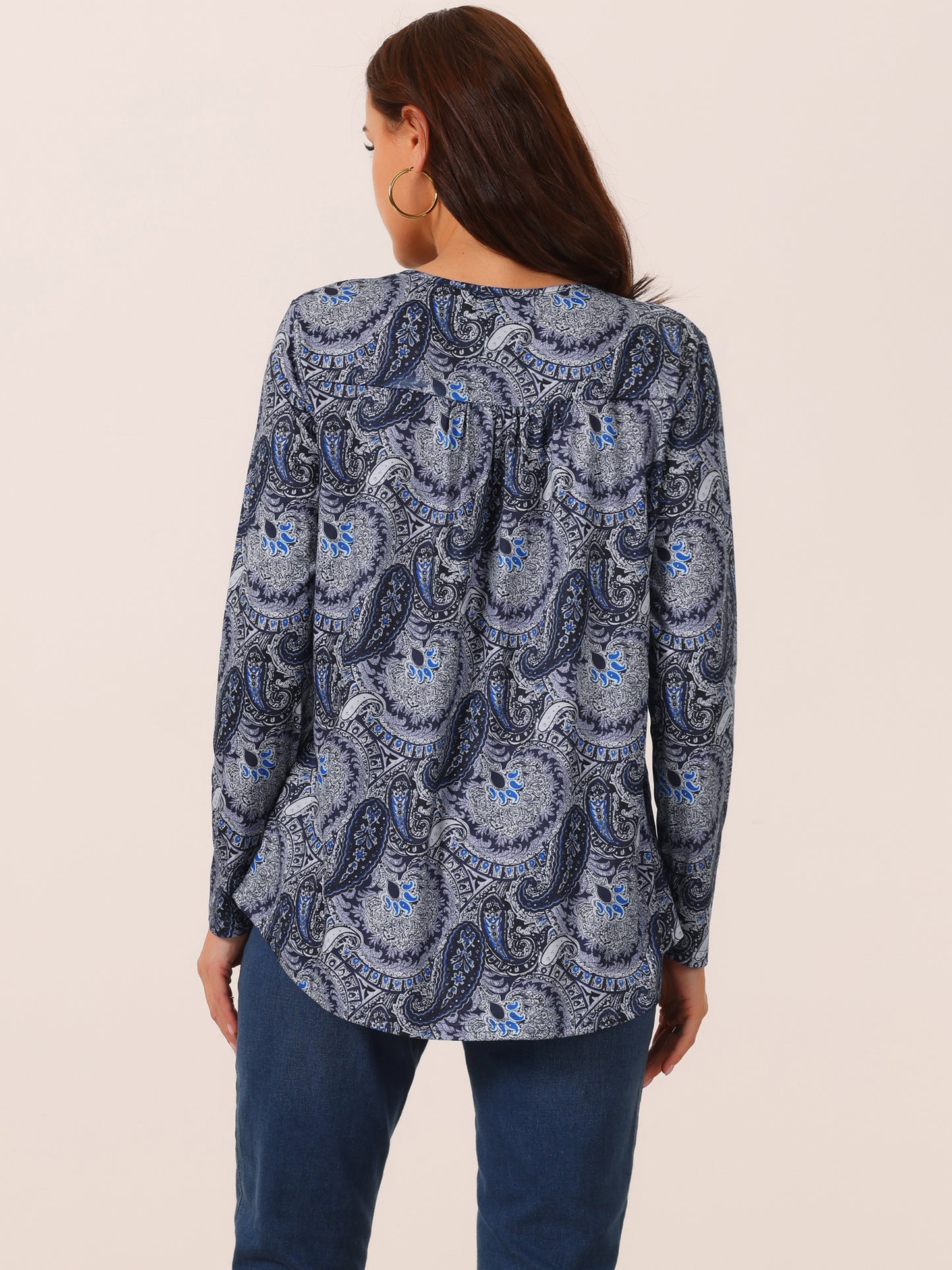 Women's Loose Fit Tunic Tops Long Sleeve Casual Floral Printed Henley V Neck Shirt