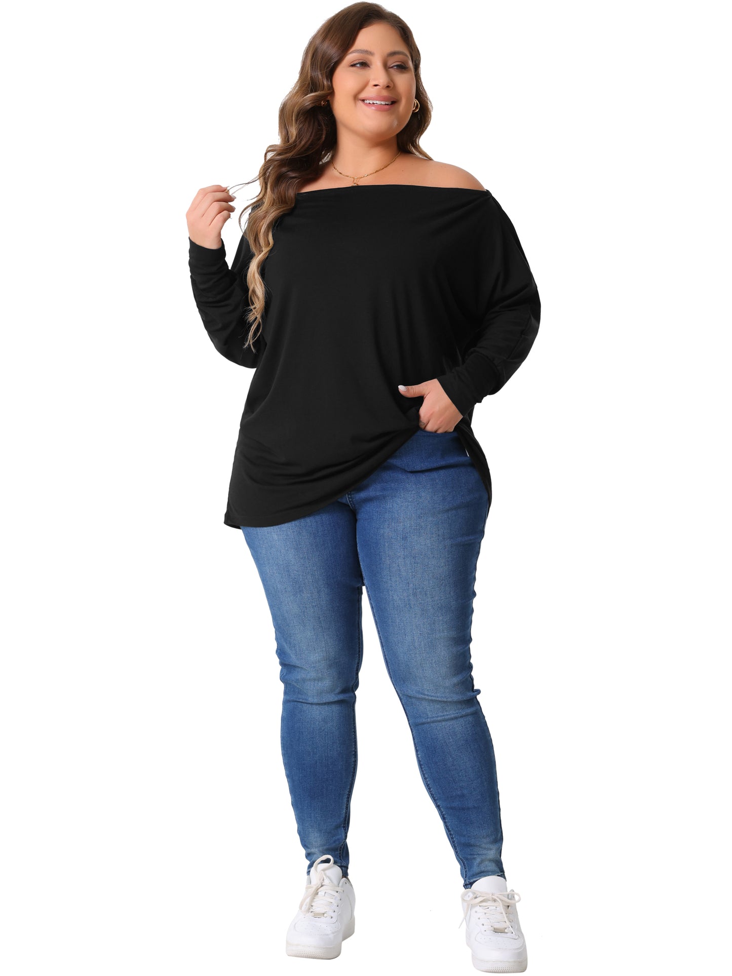 Women Plus Size Tops One Shoulder Long Sleeve Basic Blouses Dolman Tee T-Shirt