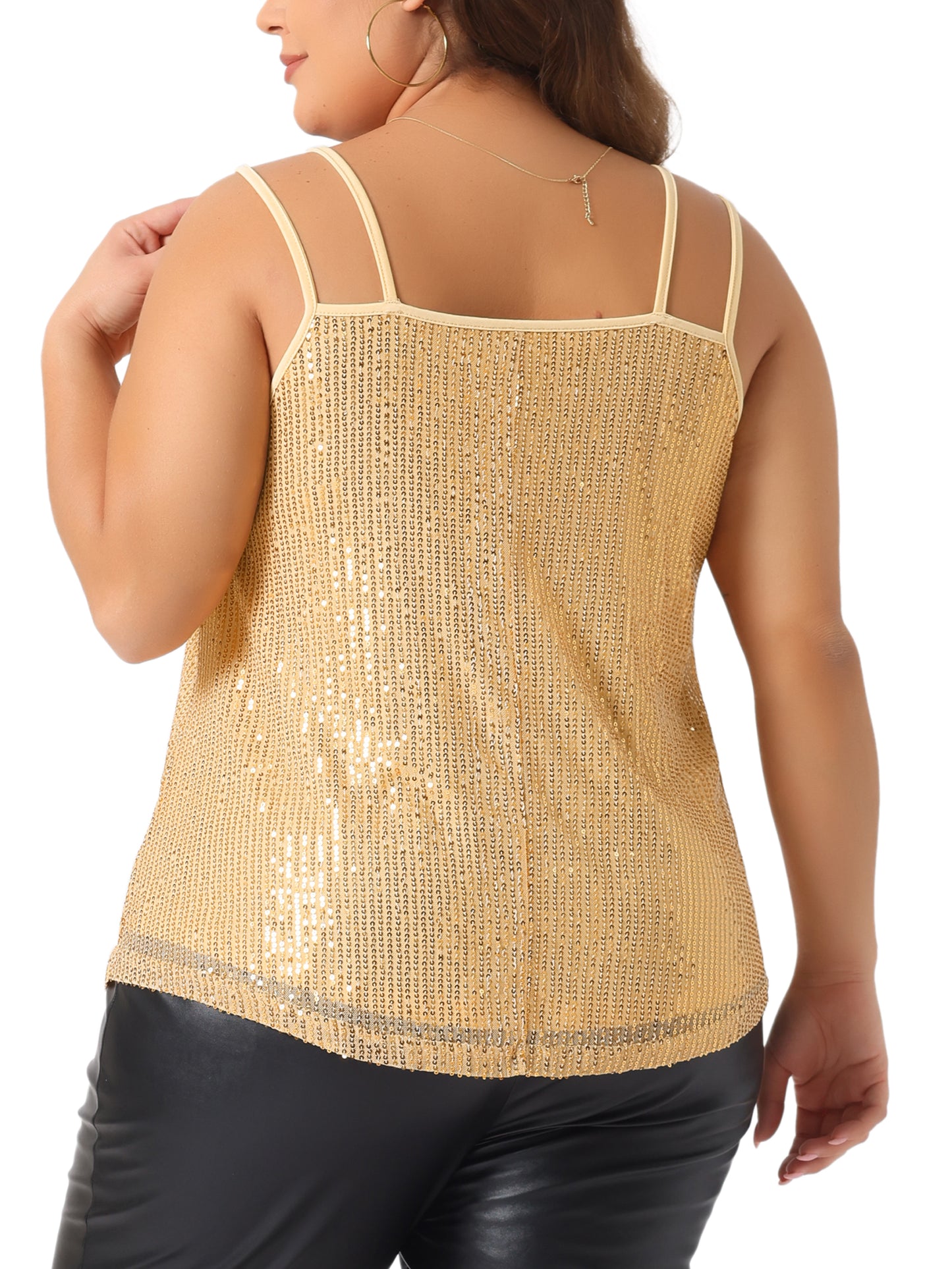 Women Plus Size Sequin Tops Metallic Sparkle Sleeveless Spaghetti Strap Cami Party Tank Top