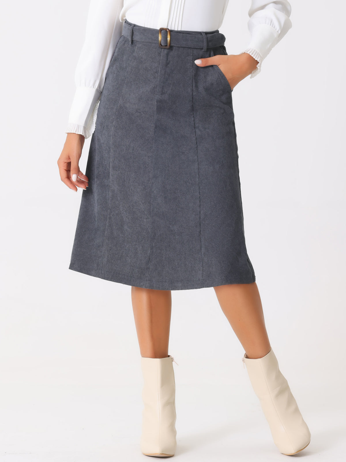 Women's High Waist Elastic Back A-Line Belted Winter Fall Midi Corduroy Skirt