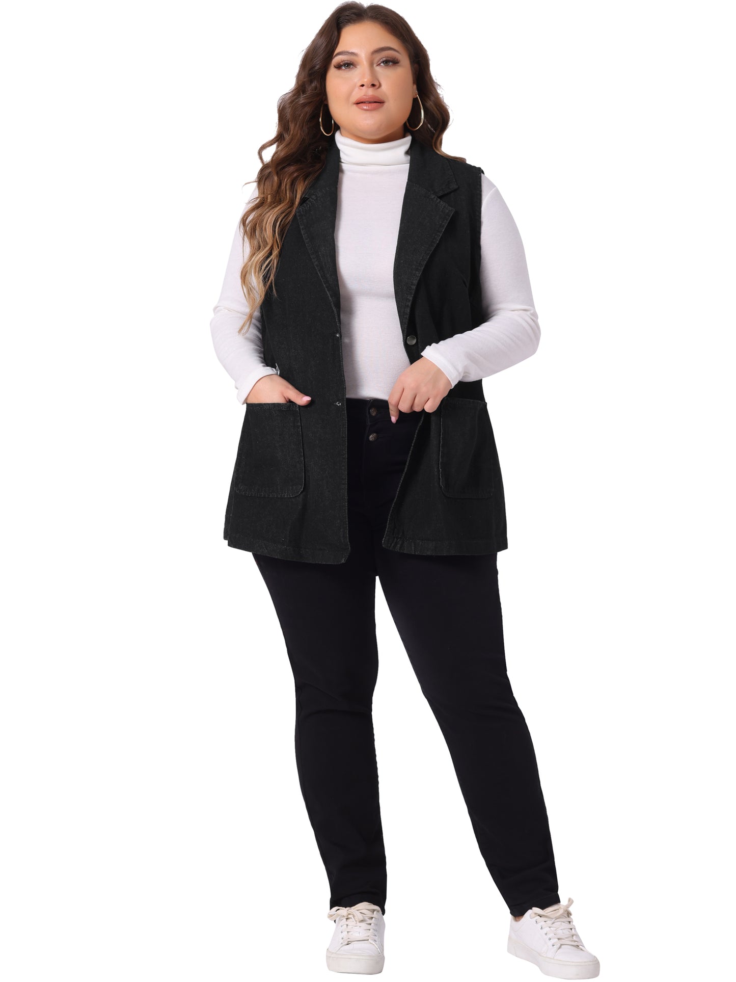 Women Plus Size Denim Vest Sleeveless Lapel Casual Long Jean Jackets Tunic Vest
