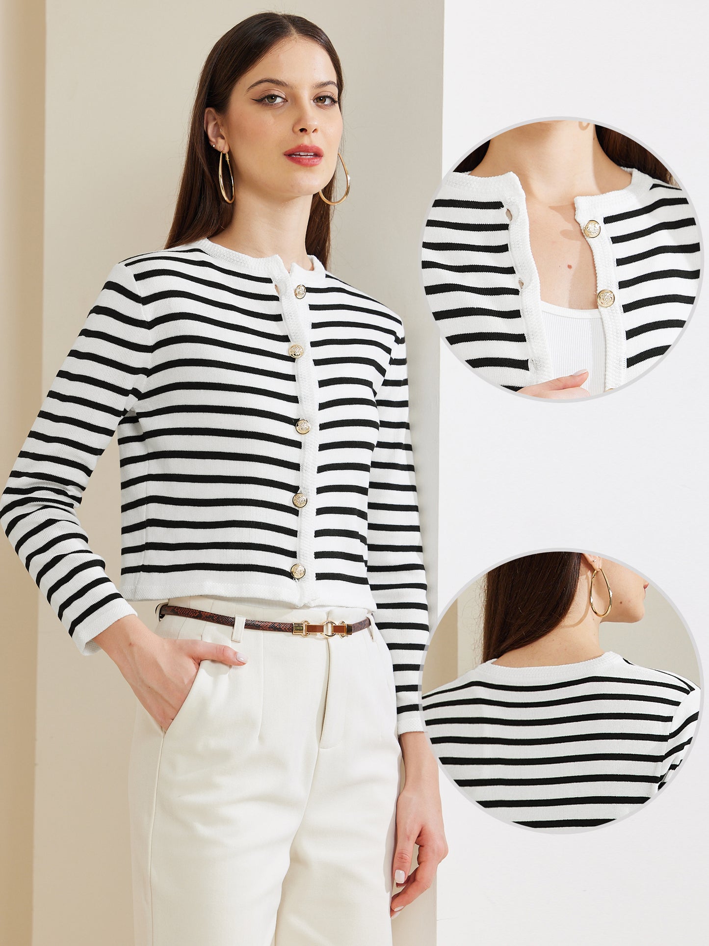 Women Knit Cardigans Round Neck Stripes Button Down Striped Cardigan Sweaters