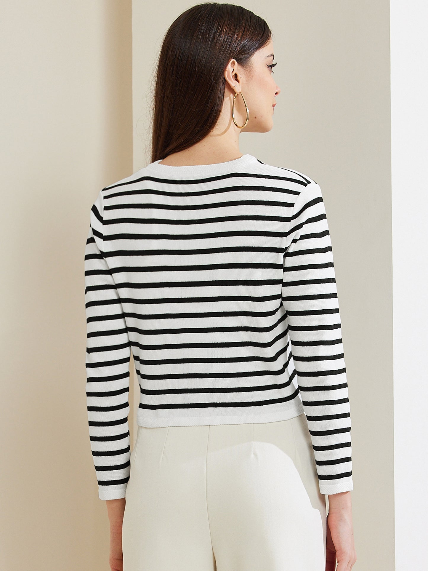 Women Knit Cardigans Round Neck Stripes Button Down Striped Cardigan Sweaters