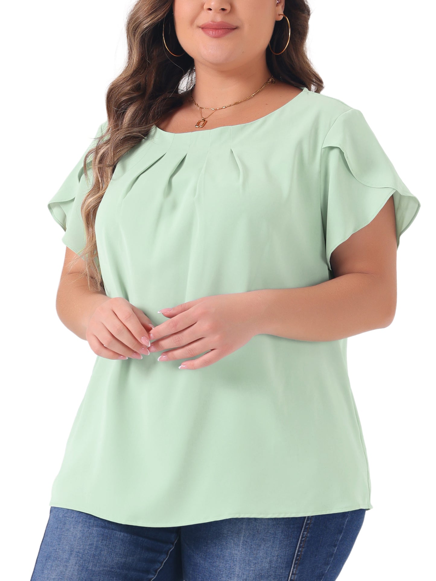 Women Plus Size Work Top Round Neck Pleated Tulip Sleeves Blouse Summer Top