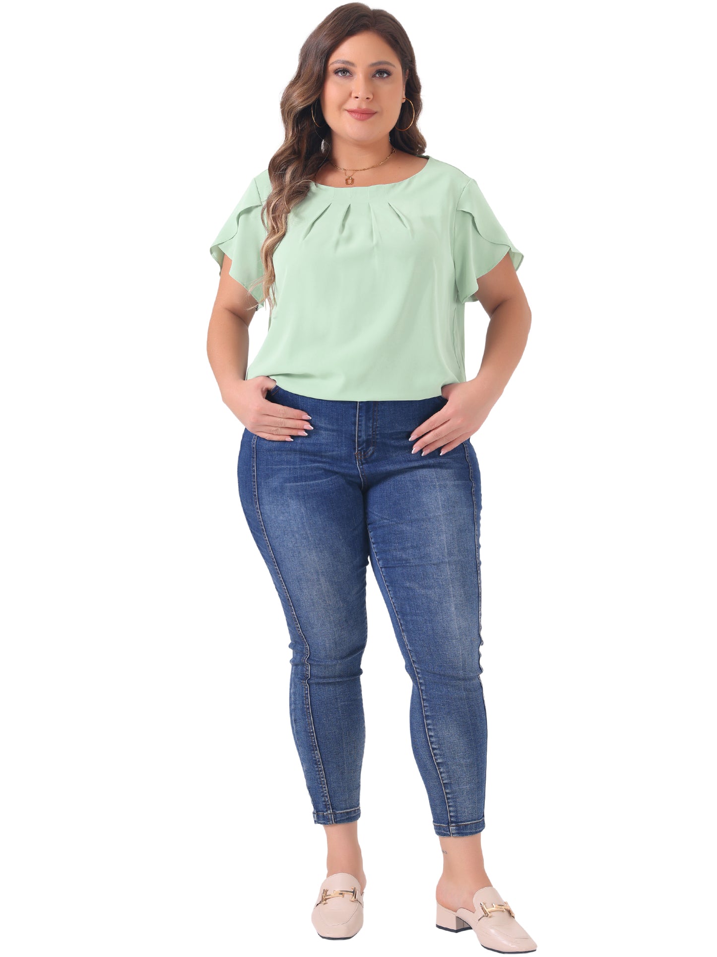 Women Plus Size Work Top Round Neck Pleated Tulip Sleeves Blouse Summer Top