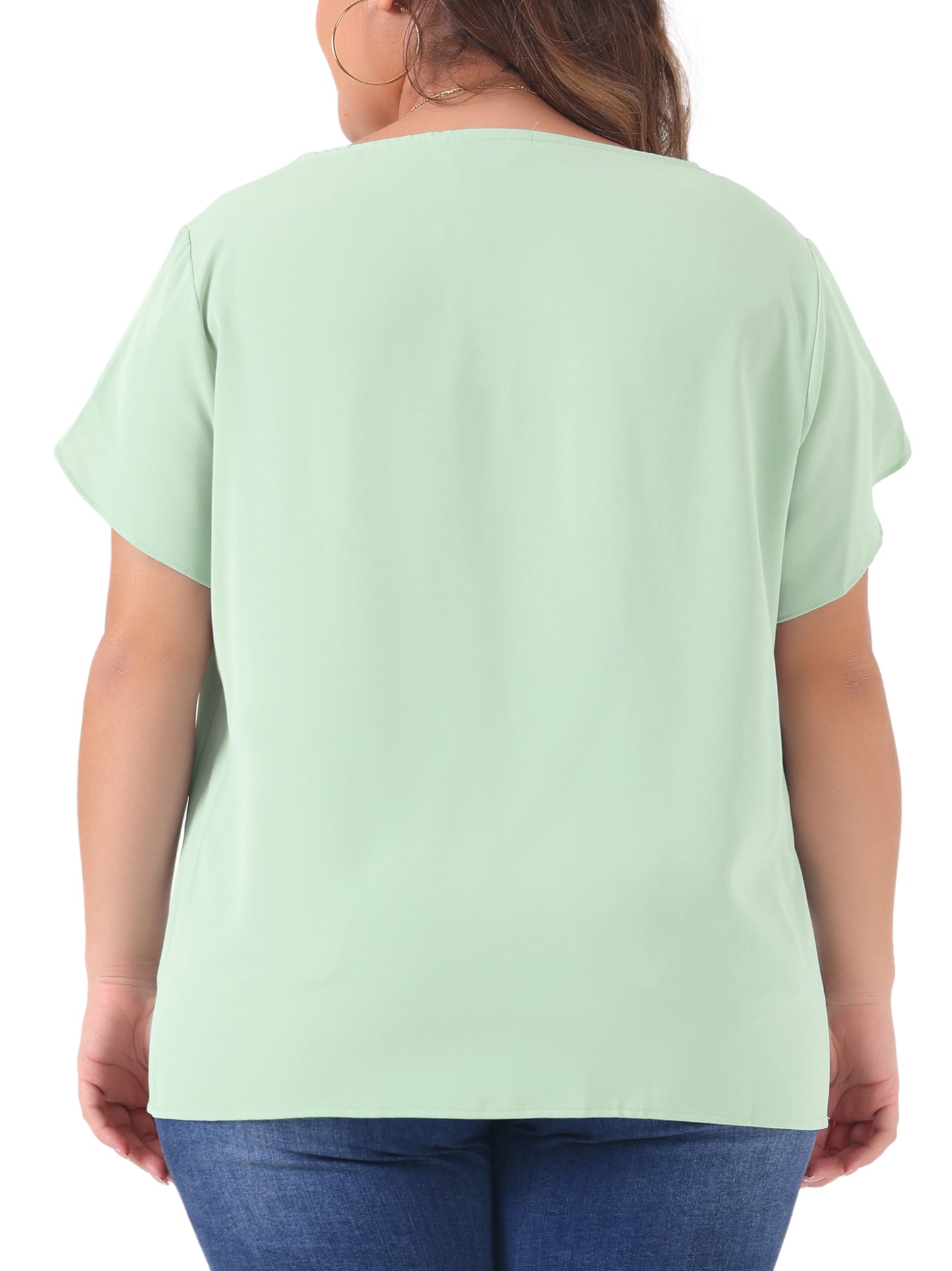 Women Plus Size Work Top Round Neck Pleated Tulip Sleeves Blouse Summer Top