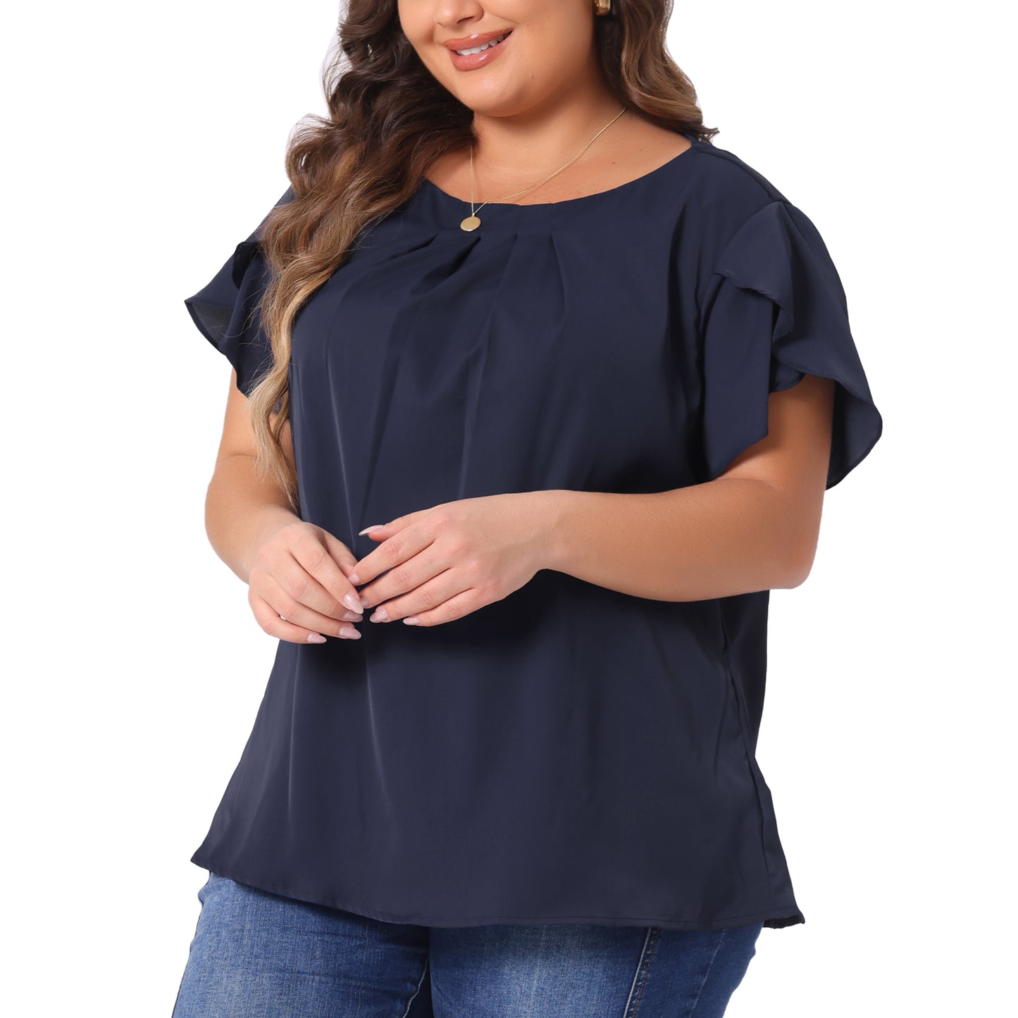 Women Plus Size Work Top Round Neck Pleated Tulip Sleeves Blouse Summer Top