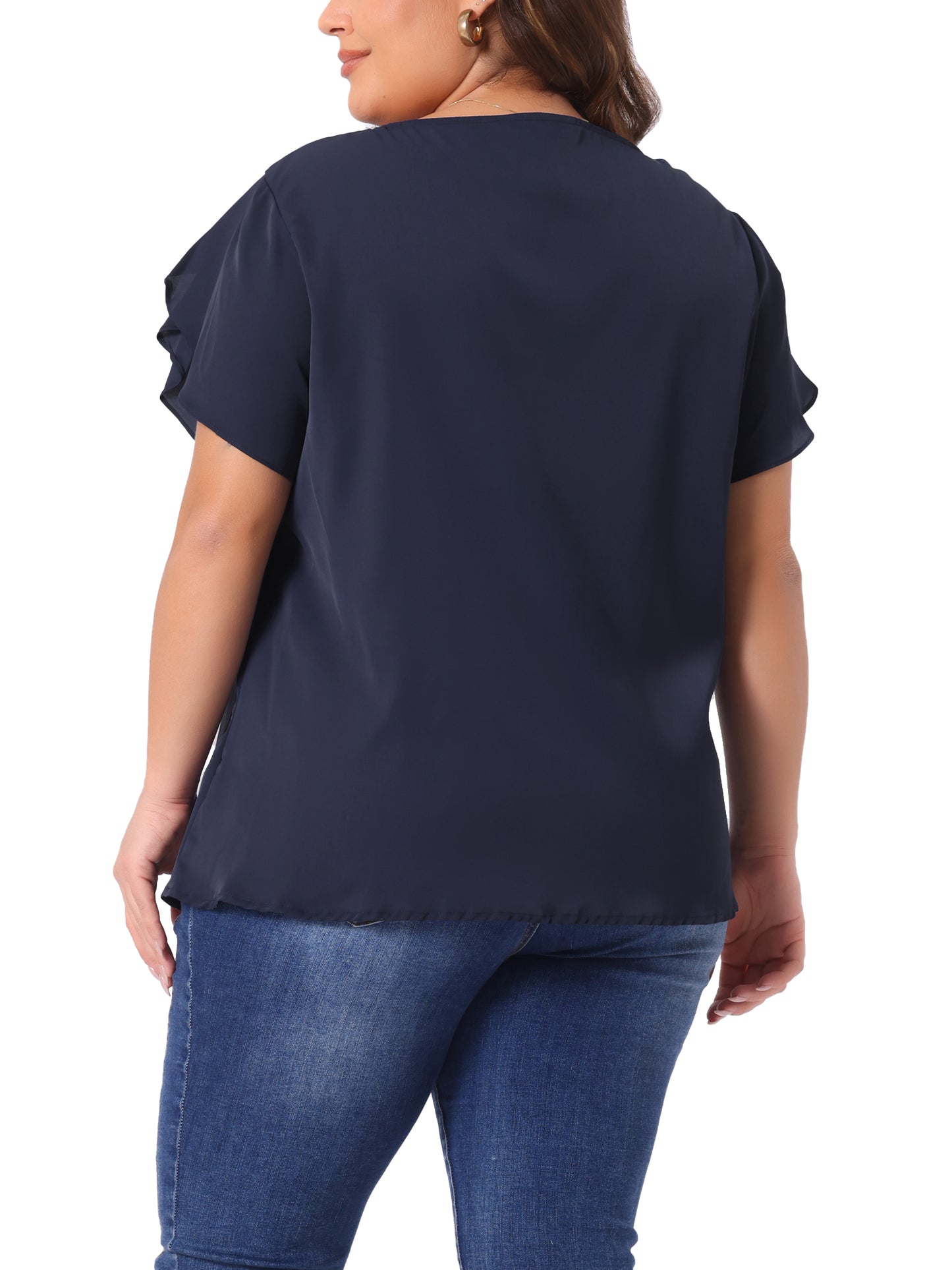 Women Plus Size Work Top Round Neck Pleated Tulip Sleeves Blouse Summer Top