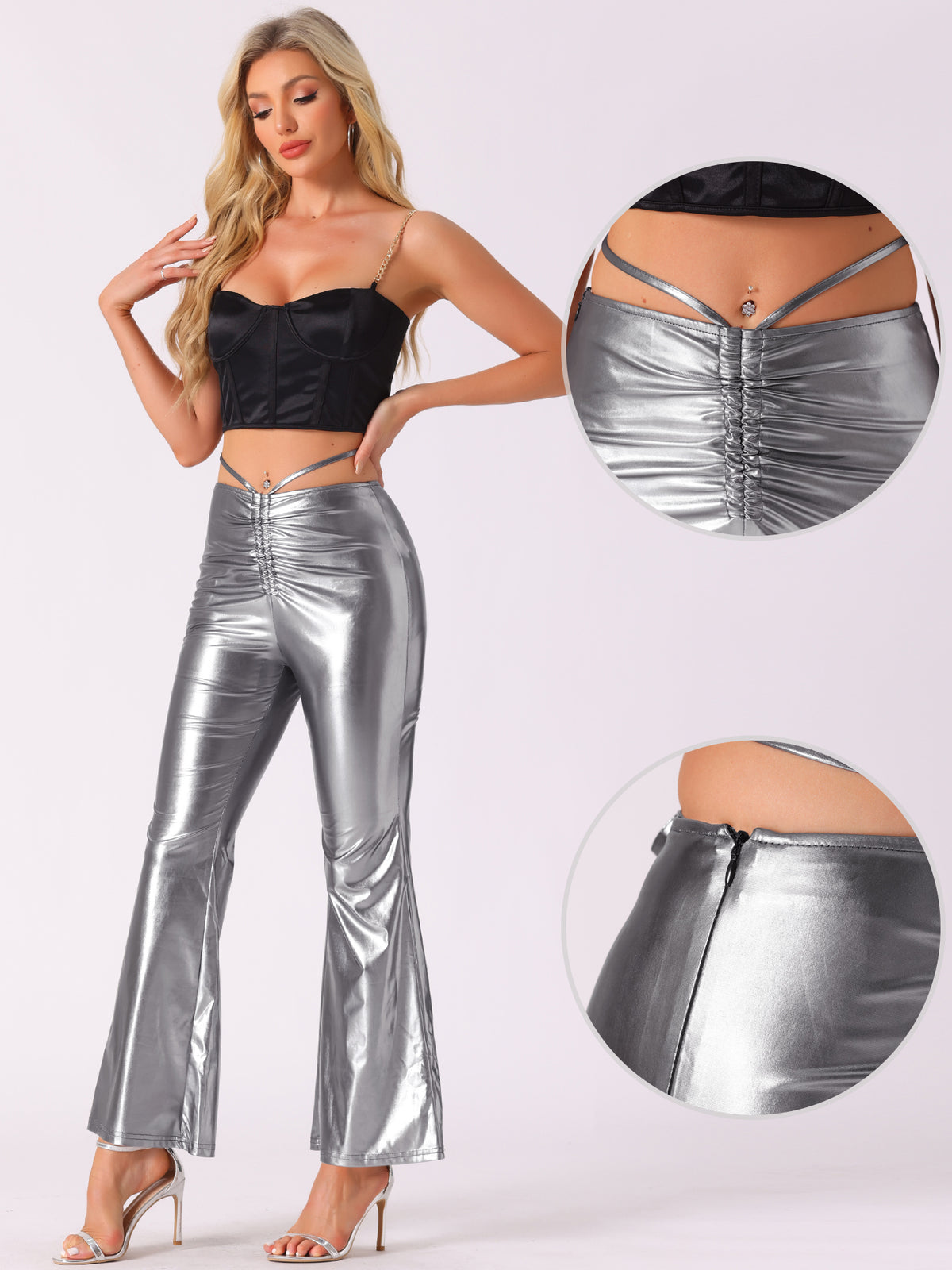 Women's Drawstring Metallic Wide Leg Pants Retro Partywear