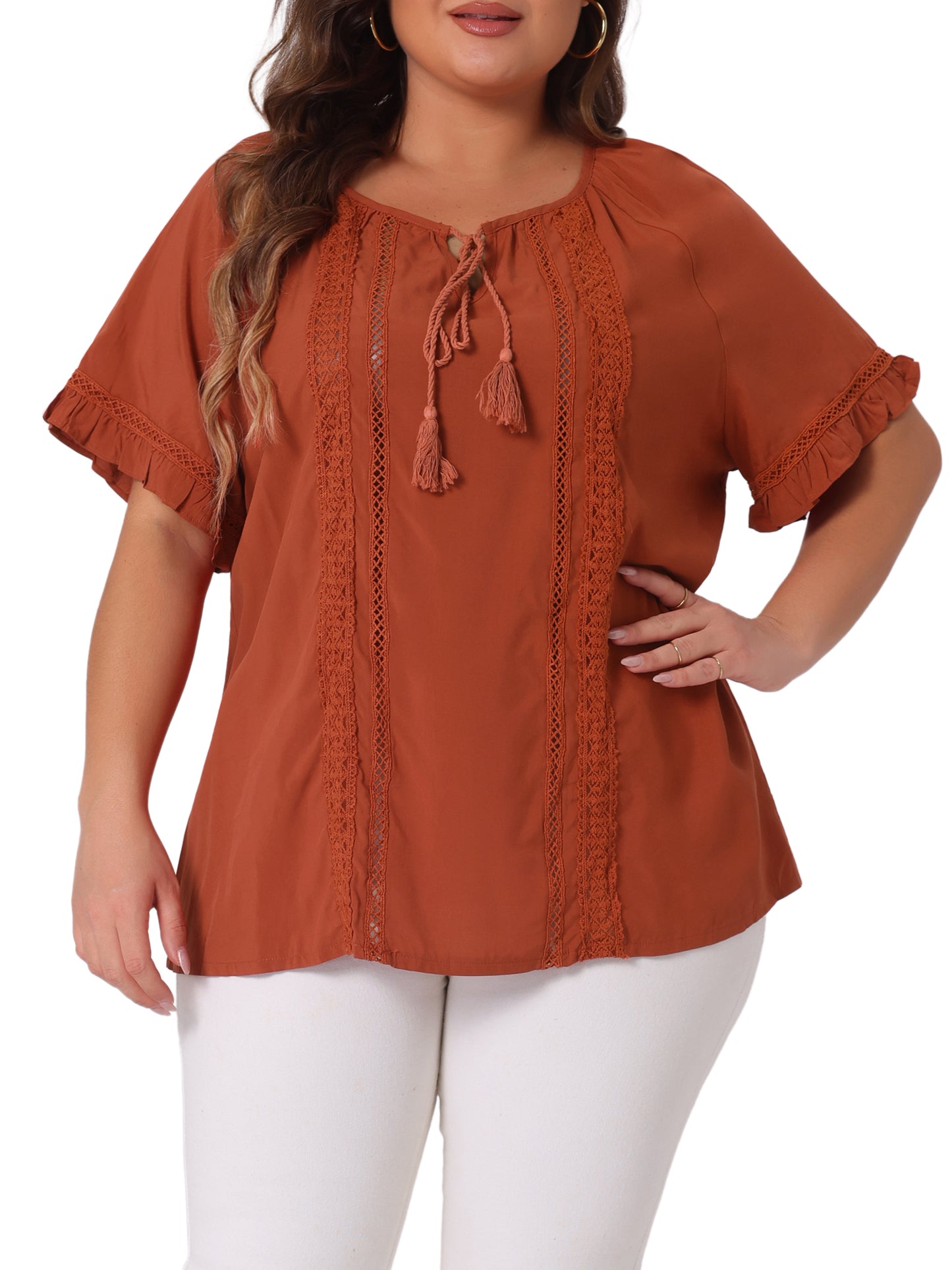 Women Plus Size Blouse Tie Neck Ruffle Short Sleeve Summer Lace Crochet Top